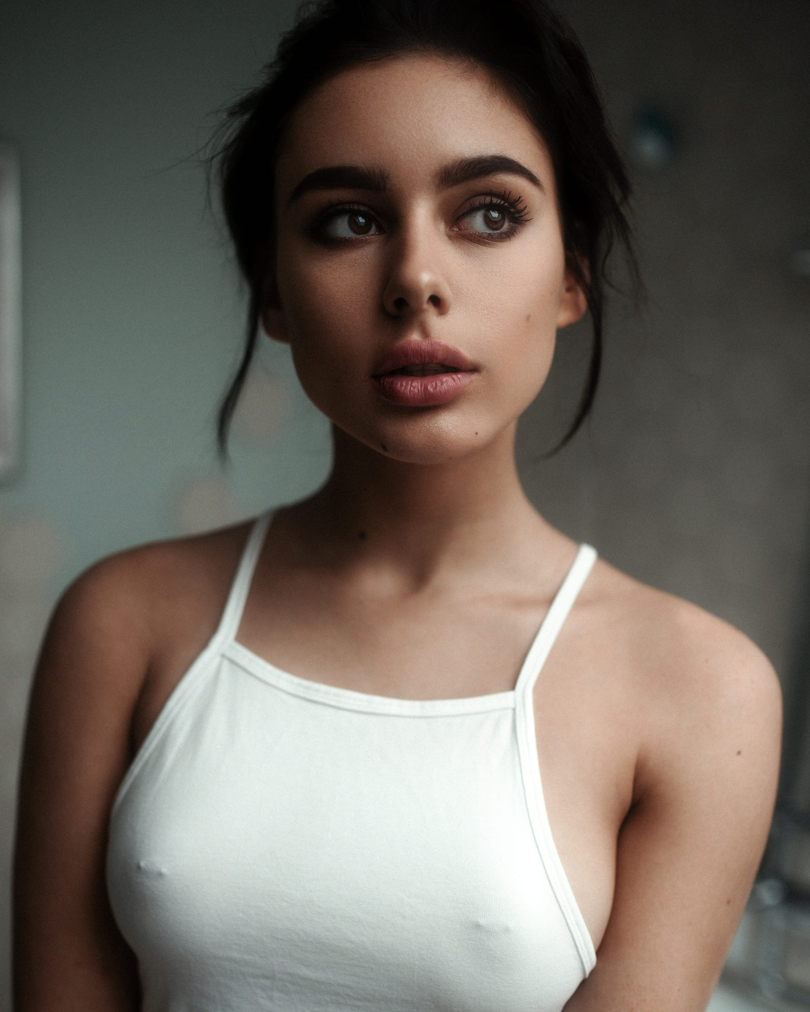 Women Face Andrey Firsov Brunette White Tops Bare Shoulders Women Indoors Nipples Through