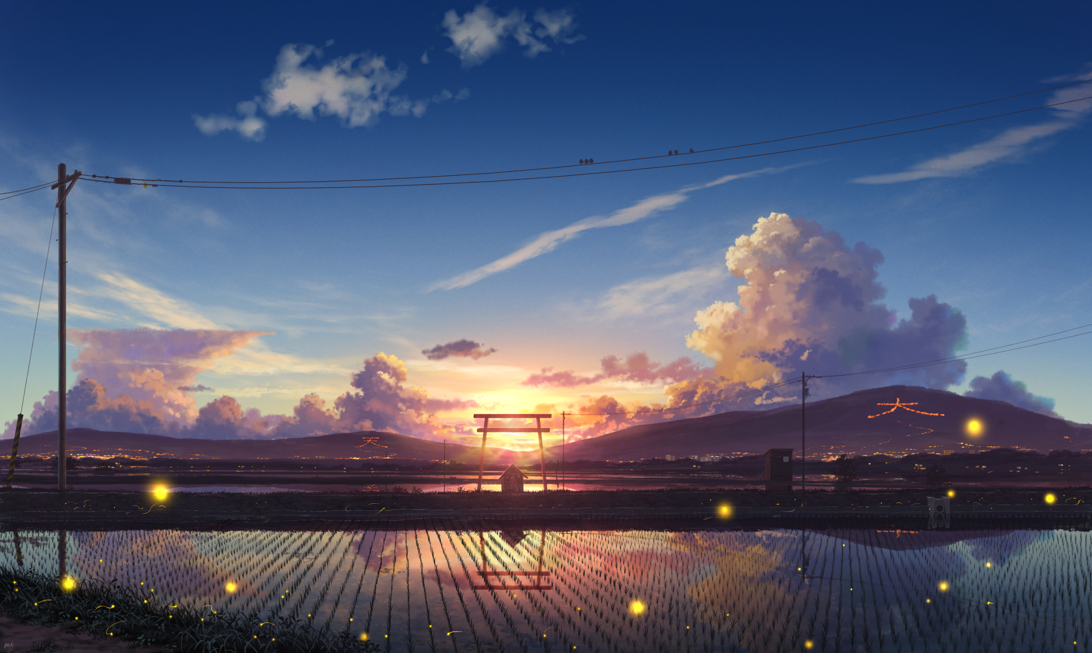 Anime 4149x2480 digital art artwork nature water sea field Sun sunset sky skyscape