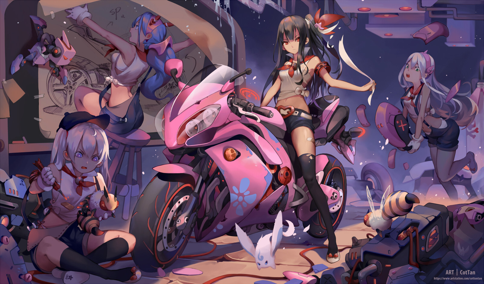 Anime 1600x941 anime girls anime motorcycle vehicle pink
