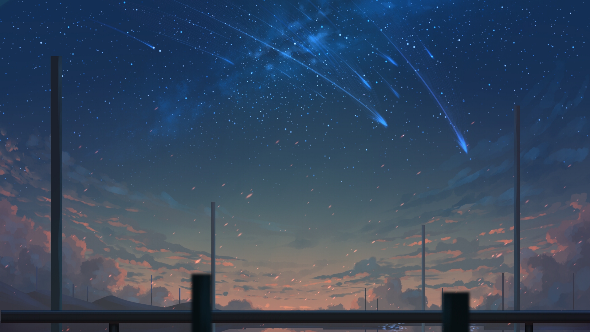 General 1920x1080 night meteors sky space stars clouds painting artwork anime