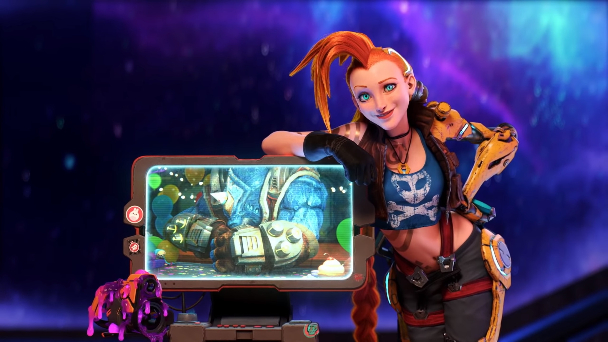 General 2560x1440 League of Legends video games Malphite (League of Legends) logo redhead green eyes Riot Games video game characters Jinx (League of Legends) ponytail looking at viewer bare midriff smiling parted lips necklace leaning video game girls