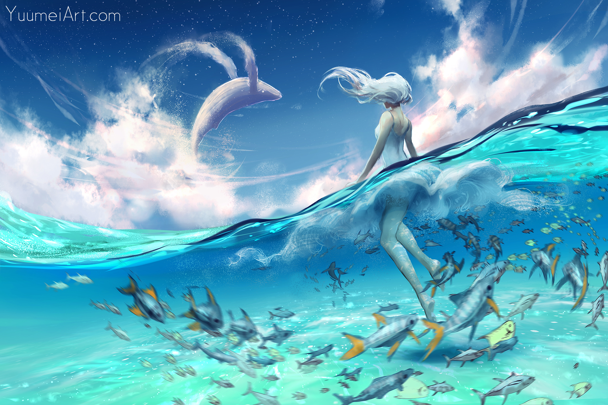 Anime 2000x1333 anime girls anime sky fish sea