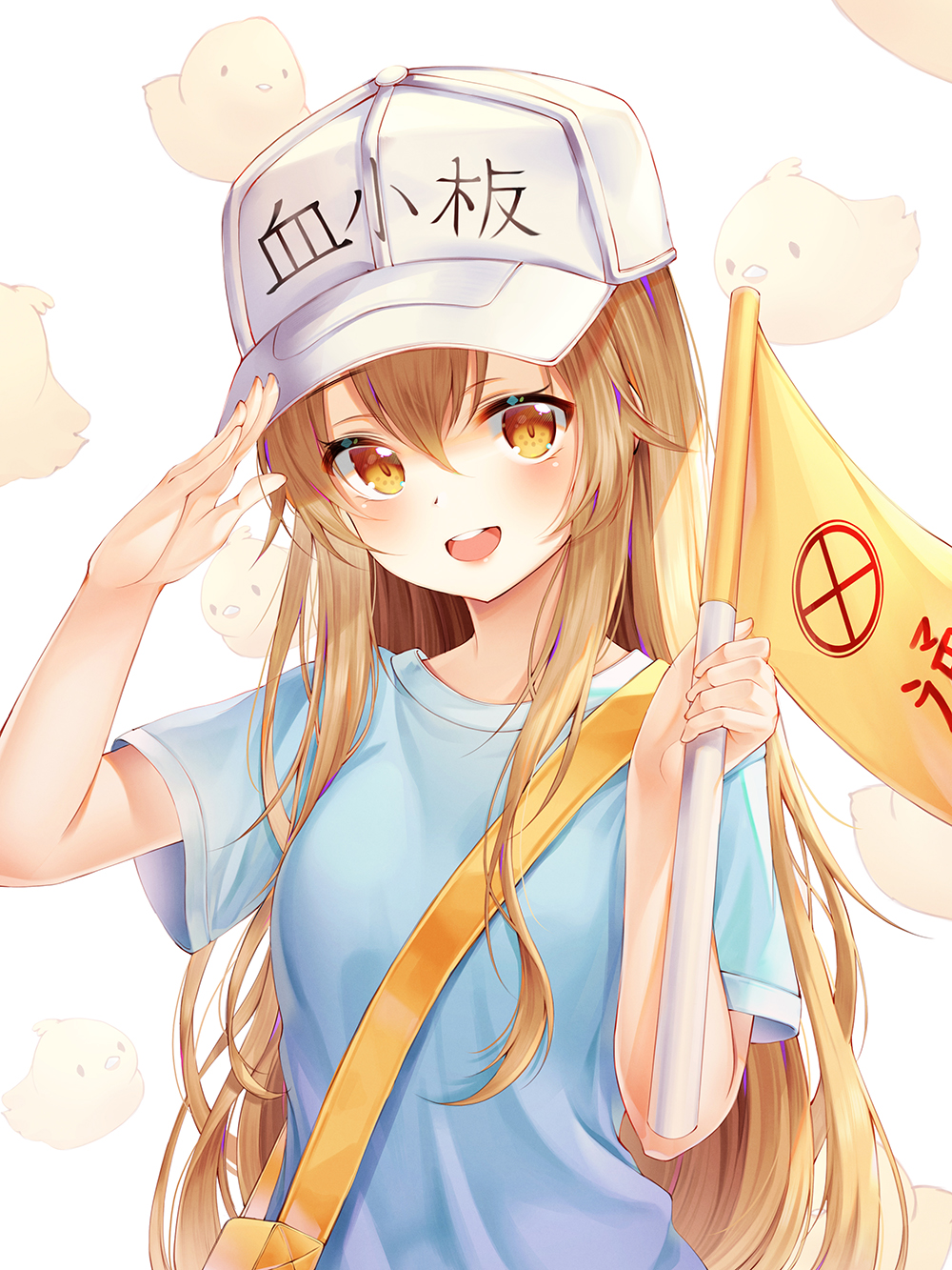 Anime 1000x1333 Platelet-chan Hataraku Saibou anime girls loli Mellozzo baseball cap T-shirt flag long hair blonde orange eyes