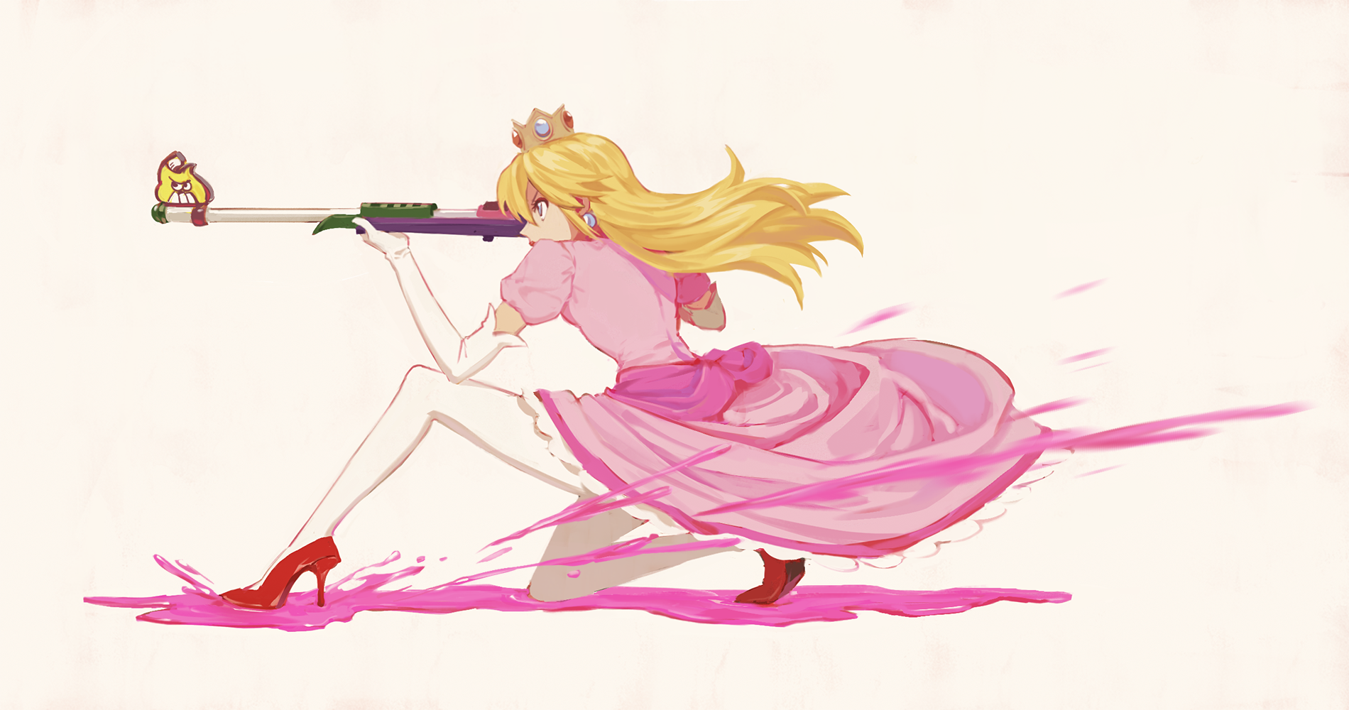 Anime 1900x1000 girls with guns Princess Peach fan art Nintendo pink dress dress video game girls video games video game characters white background simple background long hair rifles aiming pink clothing heels red heels