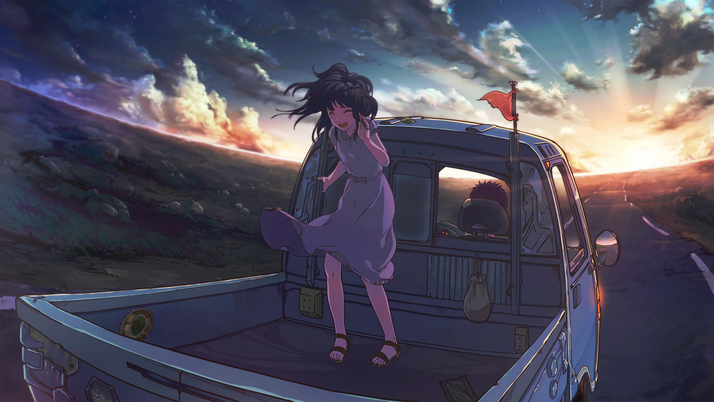 Anime 2500x1406 anime daybreak frontline car daybreak road anime girls vehicle sky clouds sunlight dress