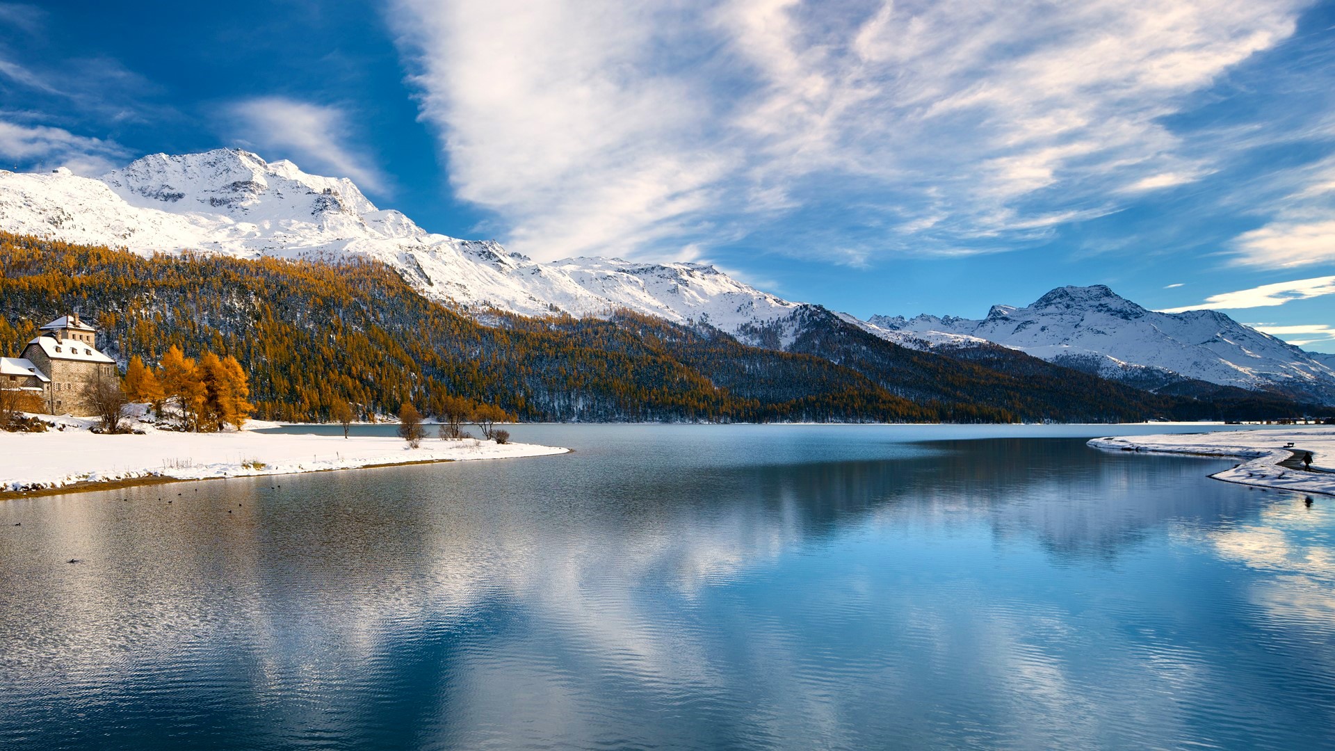 General 1920x1080 nature landscape trees river mountains clouds sky water snow Switzerland snowy peak Alps