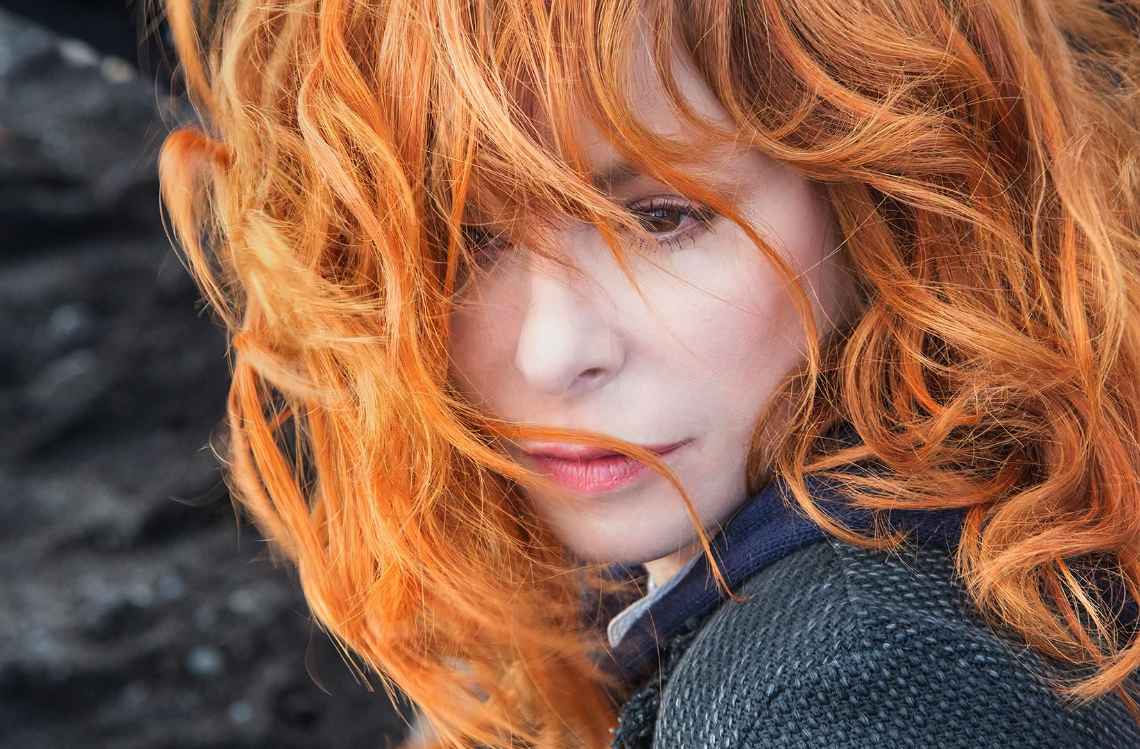 People 1644x1080 Mylène Farmer French singer redhead hair in face looking away women