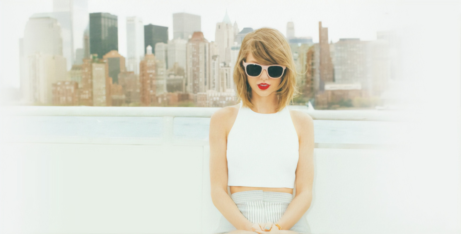 People 1574x800 Taylor Swift women blonde red lipstick women with shades white blouse shoulder length hair singer city