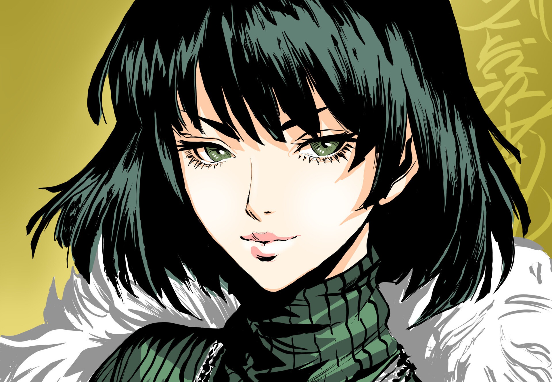 Anime 1920x1328 anime girls anime face portrait green eyes dark hair One-Punch Man Fubuki