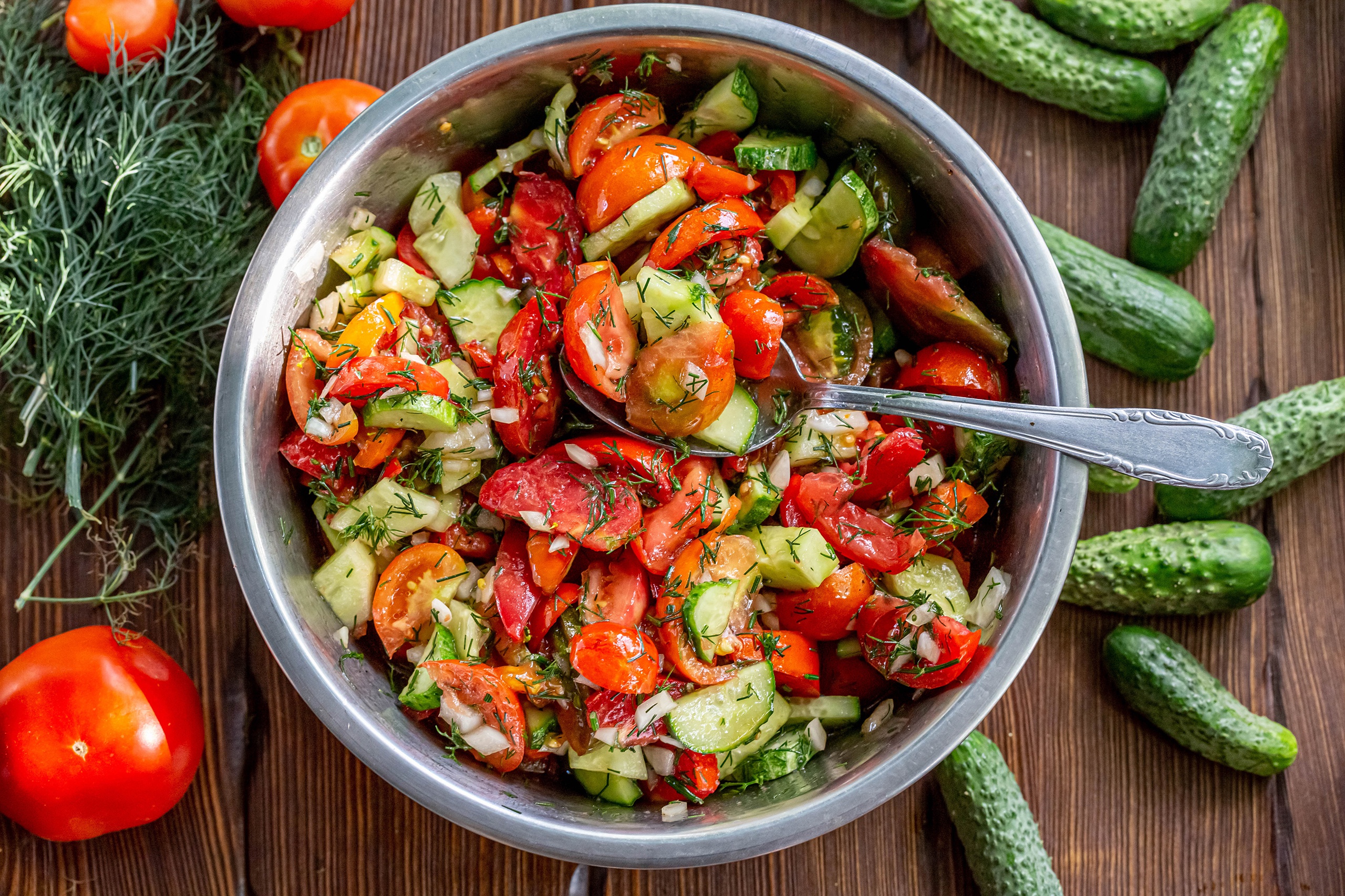 General 2560x1707 colorful vegetables food cucumbers tomatoes spoon closeup still life top view wood