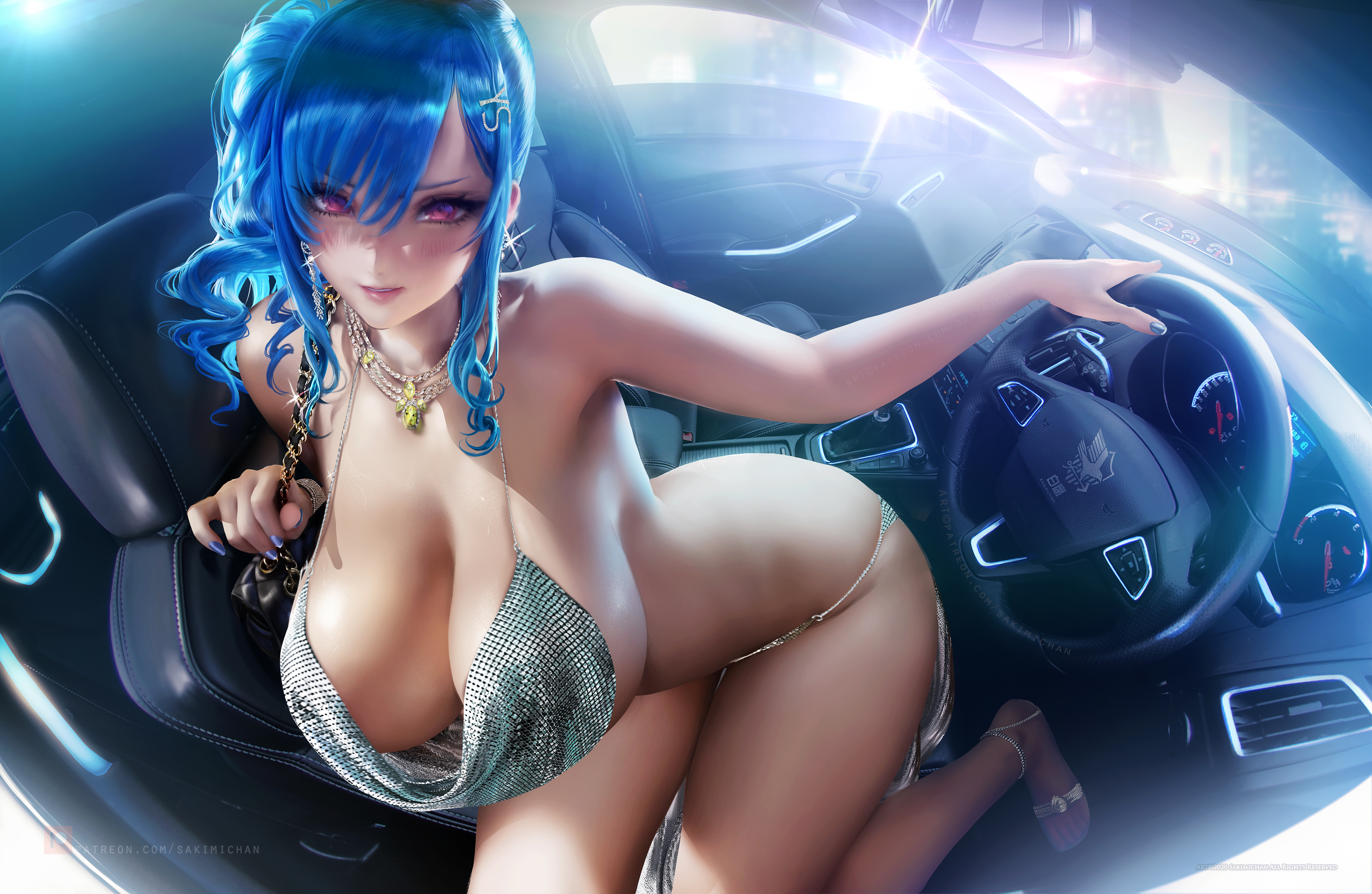 Anime 3600x2347 anime girls car anime boobs big boobs huge breasts women women with cars vehicle blue hair purple eyes necklace cleavage steering wheel looking at viewer bursting breasts Sakimichan Saint Louis (Azur Lane) gemstone necklace chainmail halter dress