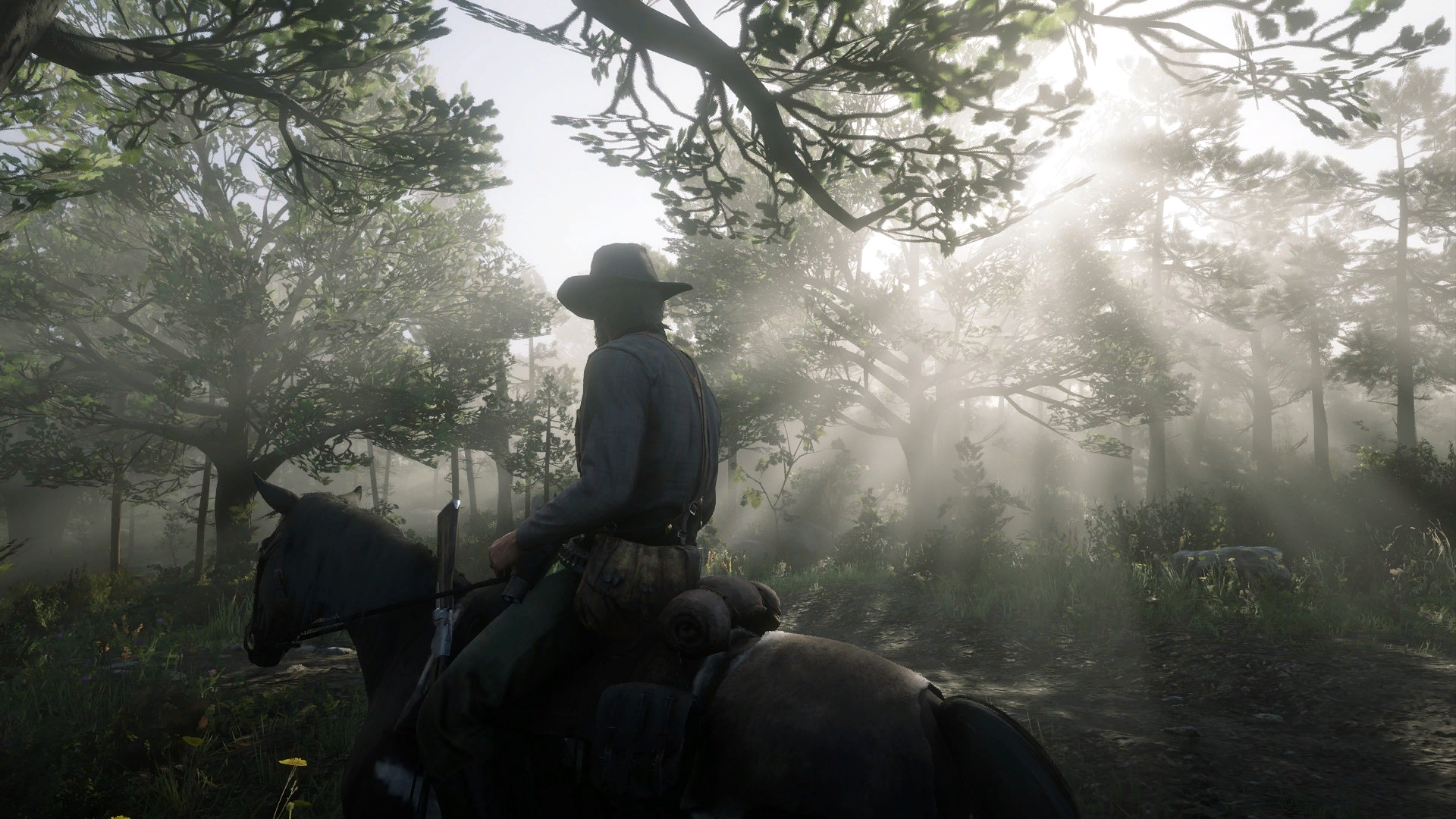 General 1920x1080 Red Dead Redemption Red Dead Redemption 2 video games horseback video game characters CGI Rockstar Games sunlight video game art trees boys with guns nature animals leaves branch gun horse video game men hat forest screen shot
