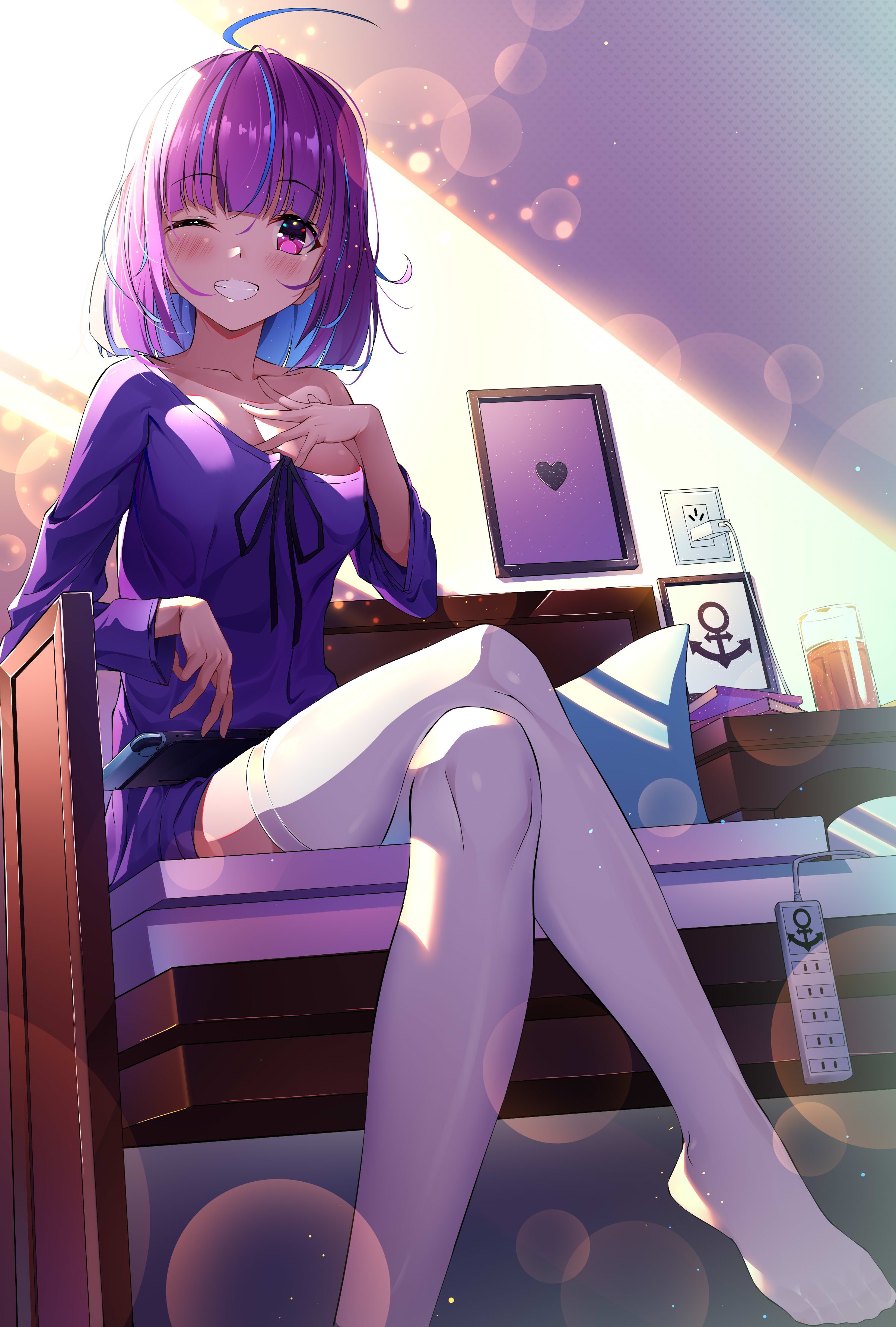 Anime 2406x3561 anime anime girls digital art artwork portrait display Hololive Virtual Youtuber Minato Aqua Cqingwei purple hair purple eyes wink smiling thigh-highs low-angle bare shoulders cleavage legs crossed sitting indoors women indoors thighs hand(s) on chest looking at viewer