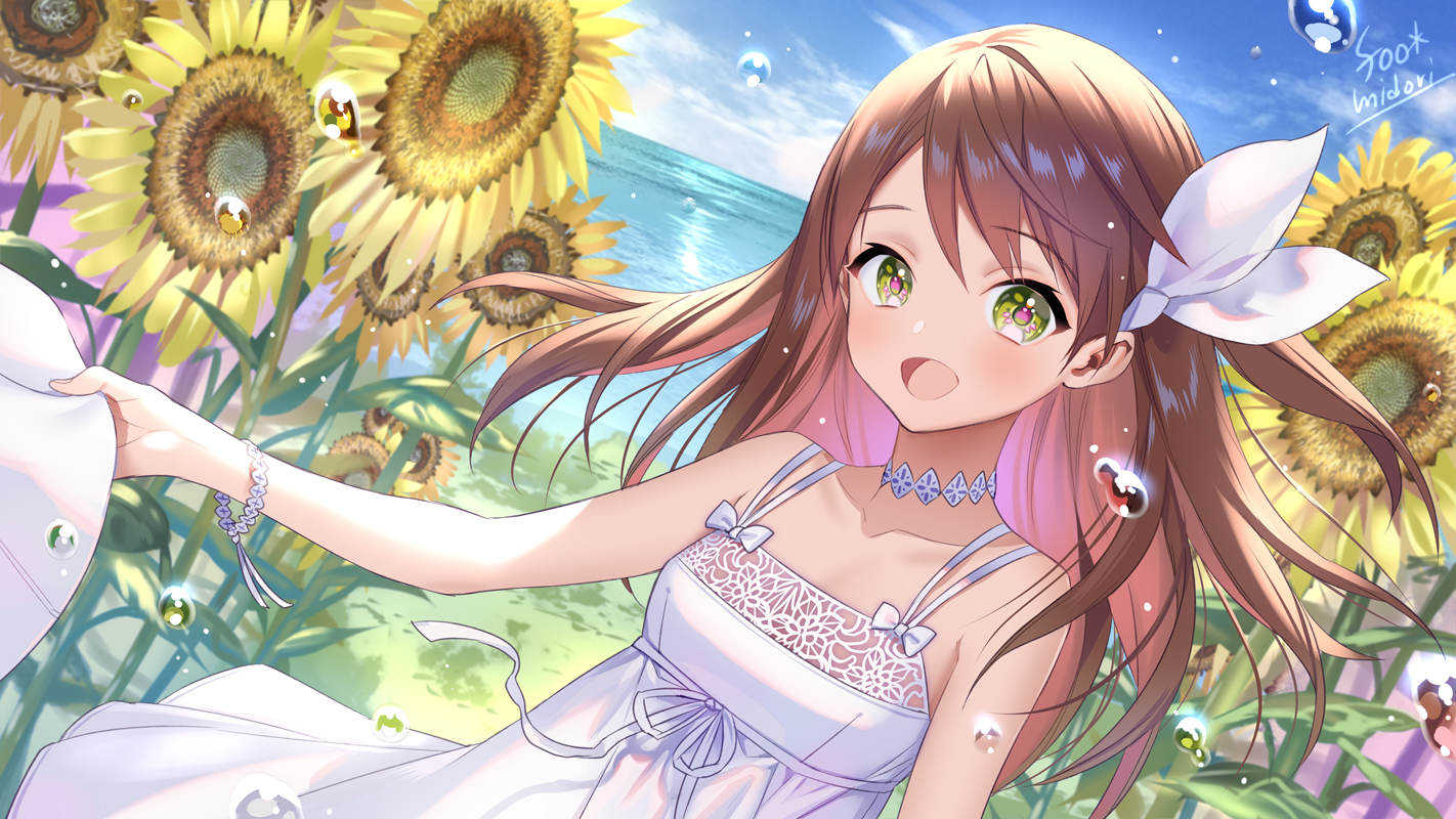 Anime 1422x800 anime anime girls digital art artwork 2D portrait display Midori Foo summer beach sunflowers brunette green eyes dress sun dress