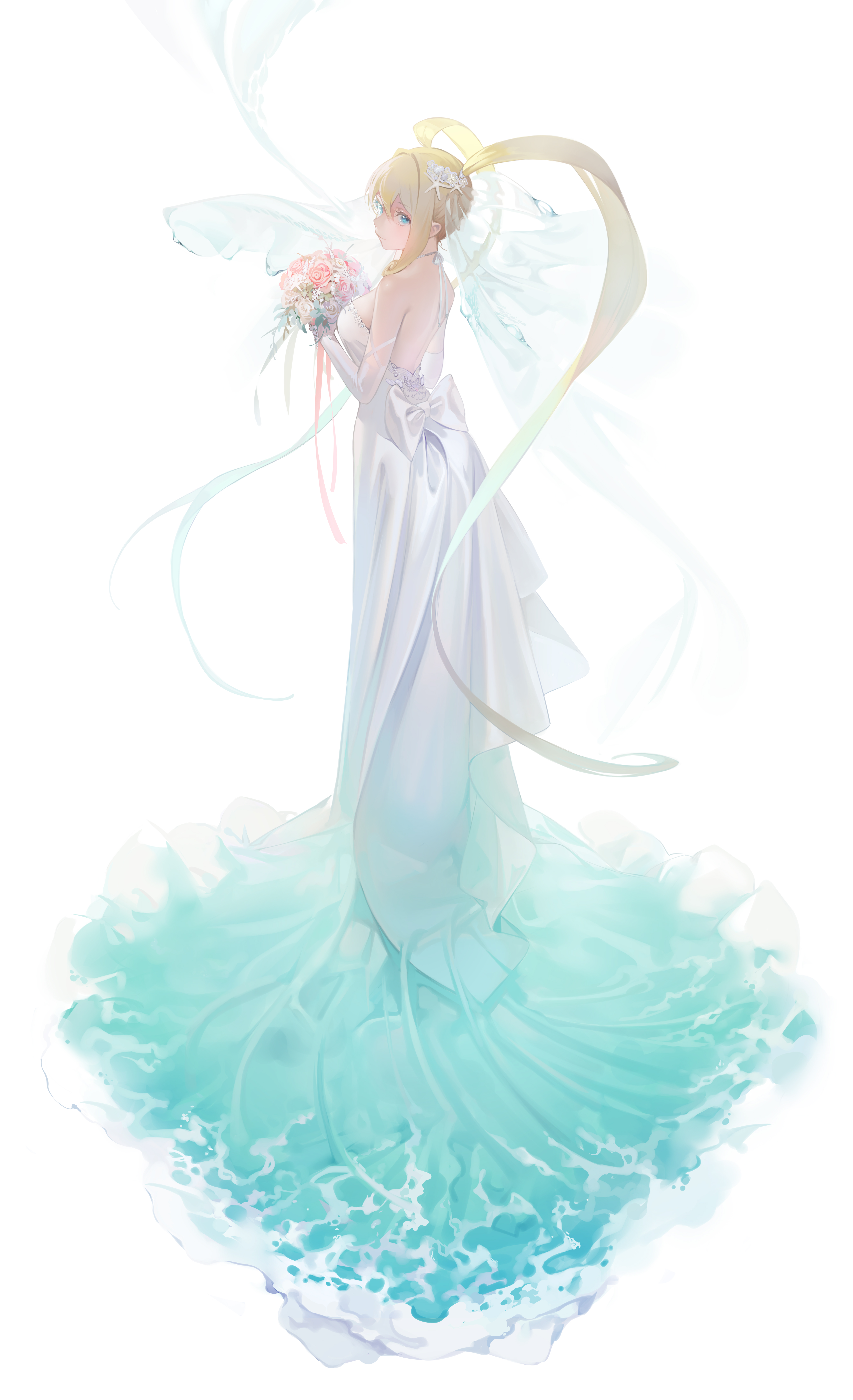 Anime 4144x6800 anime anime girls digital art artwork 2D portrait display ohisashiburi bridal veil flowers wedding dress no bra bare shoulders long hair twintails blonde blue eyes cyan