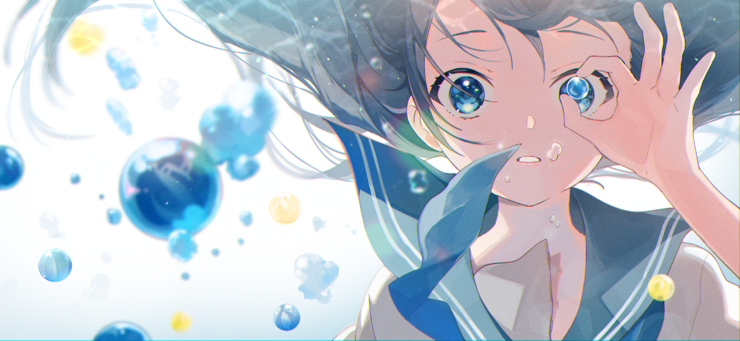 Anime 2436x1125 anime anime girls digital art artwork 2D portrait Omutatsu dark hair blue eyes school uniform