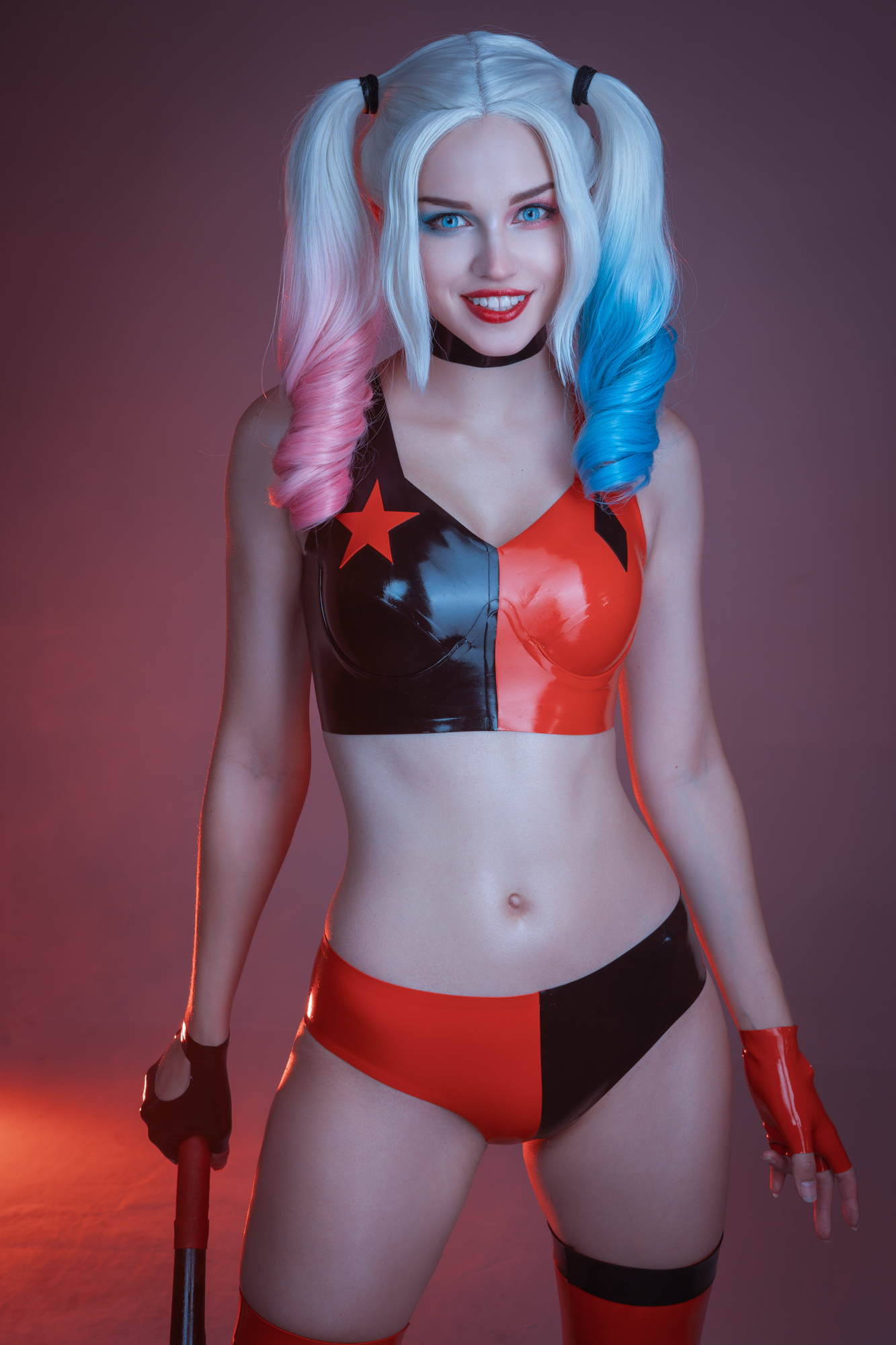People 1333x2000 women model indoors women indoors cosplay Shirogane Sama DC Comics Harley Quinn baseball bat latex belly lingerie belly button fingerless gloves looking at viewer twintails blue eyes Russian women multi-colored hair