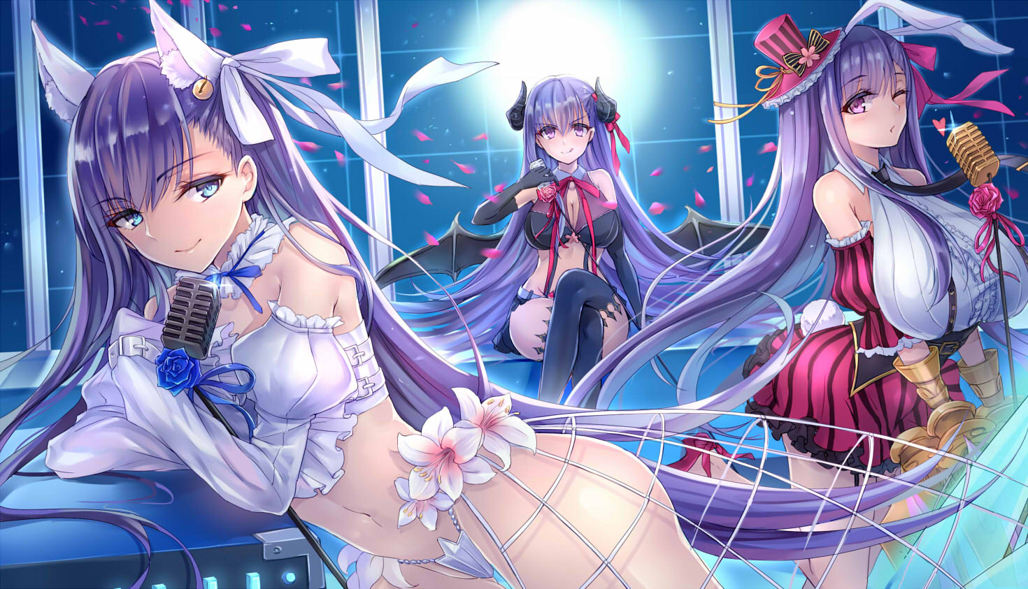 Anime 1470x843 artwork Fate series BB (Fate/Extra CCC ) Meltlilith Passionlip anime girls Yuemanhuaikong purple hair animal ears wings horns huge breasts