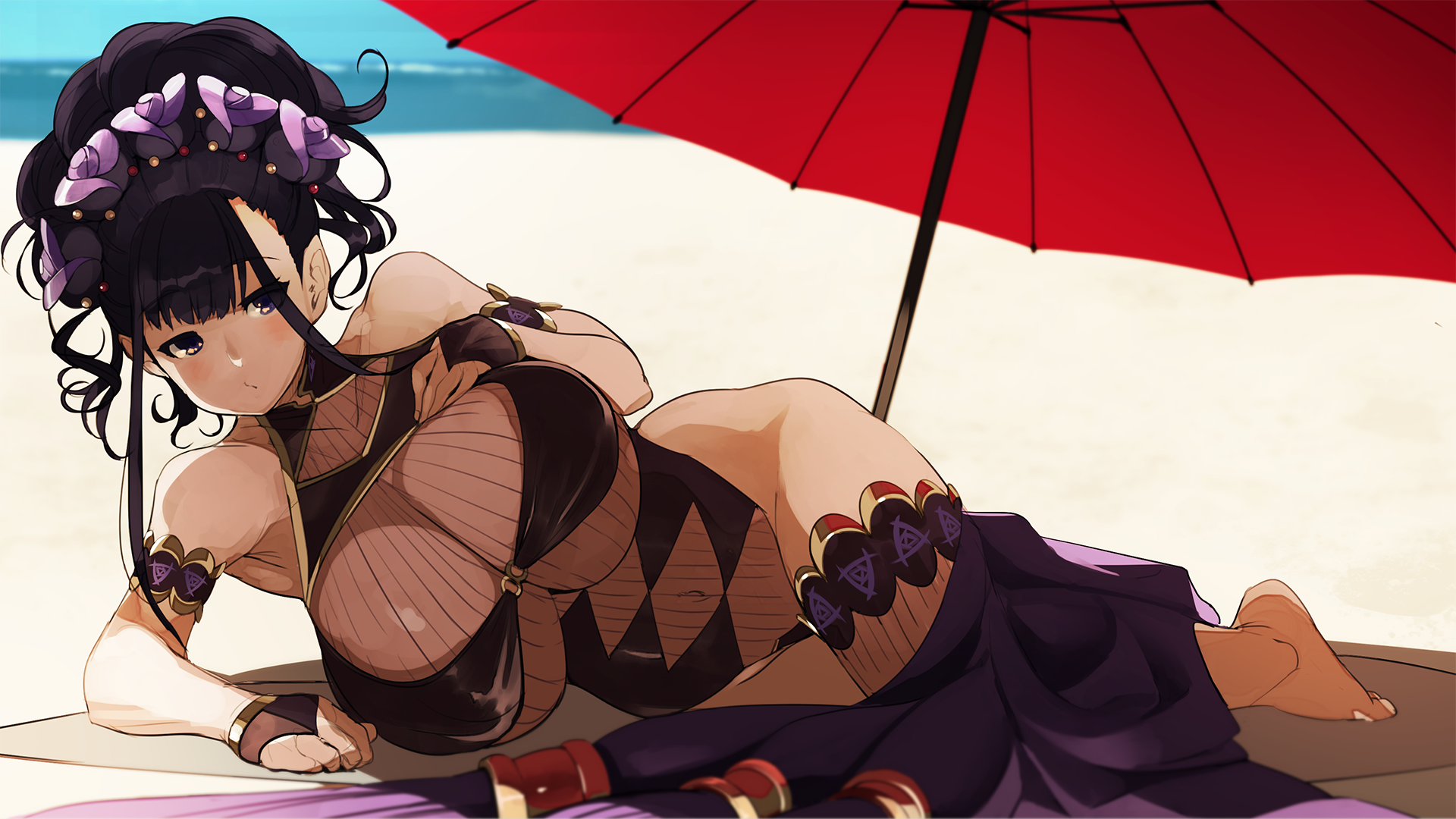 Anime 1920x1080 cleavage big boobs umbrella beach long hair black hair anime girls Naze Fate series Murasaki Shikibu (Fate/Grand Order) huge breasts