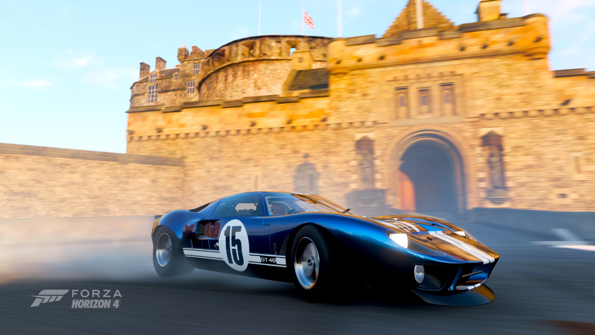 General 1920x1080 Forza Horizon 4 car castle Edinburgh Ford blue cars racing stripes Ford GT40 motion blur video games