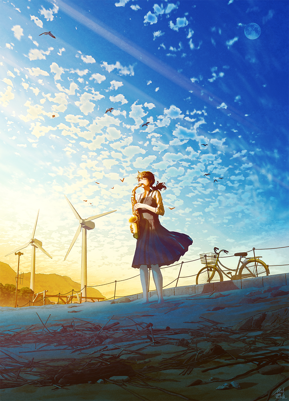 Anime 961x1330 anime anime girls digital art artwork 2D portrait display Mocha saxophones bicycle windmill sky