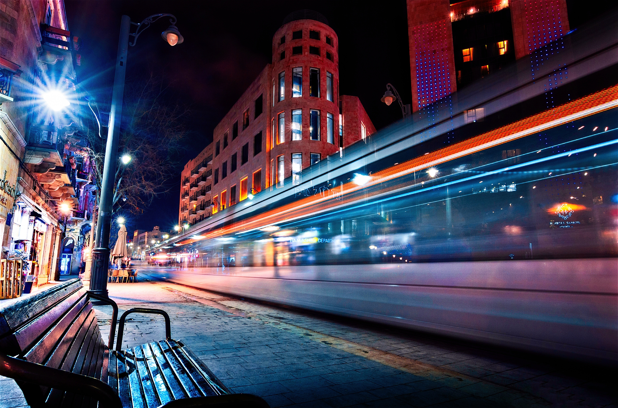 General 2000x1320 photography night lights tram motion blur city cityscape bench building urban