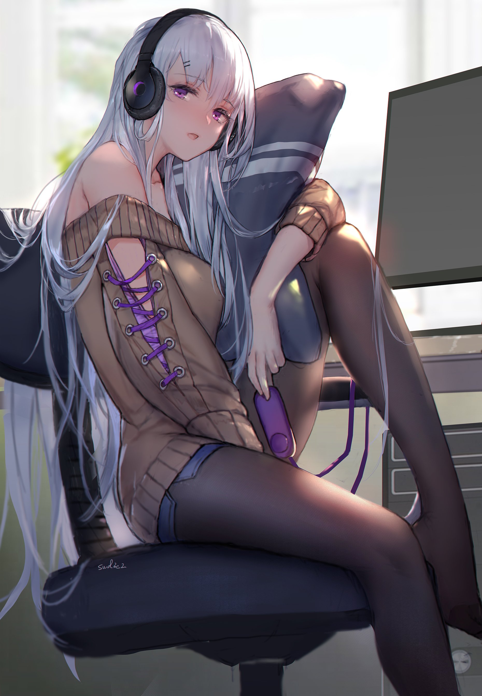 Anime 1860x2687 anime girls portrait display original characters Swd3e2 pillow headphones silver hair purple eyes sweater pantyhose bare shoulders hand(s) between legs vibrating egg