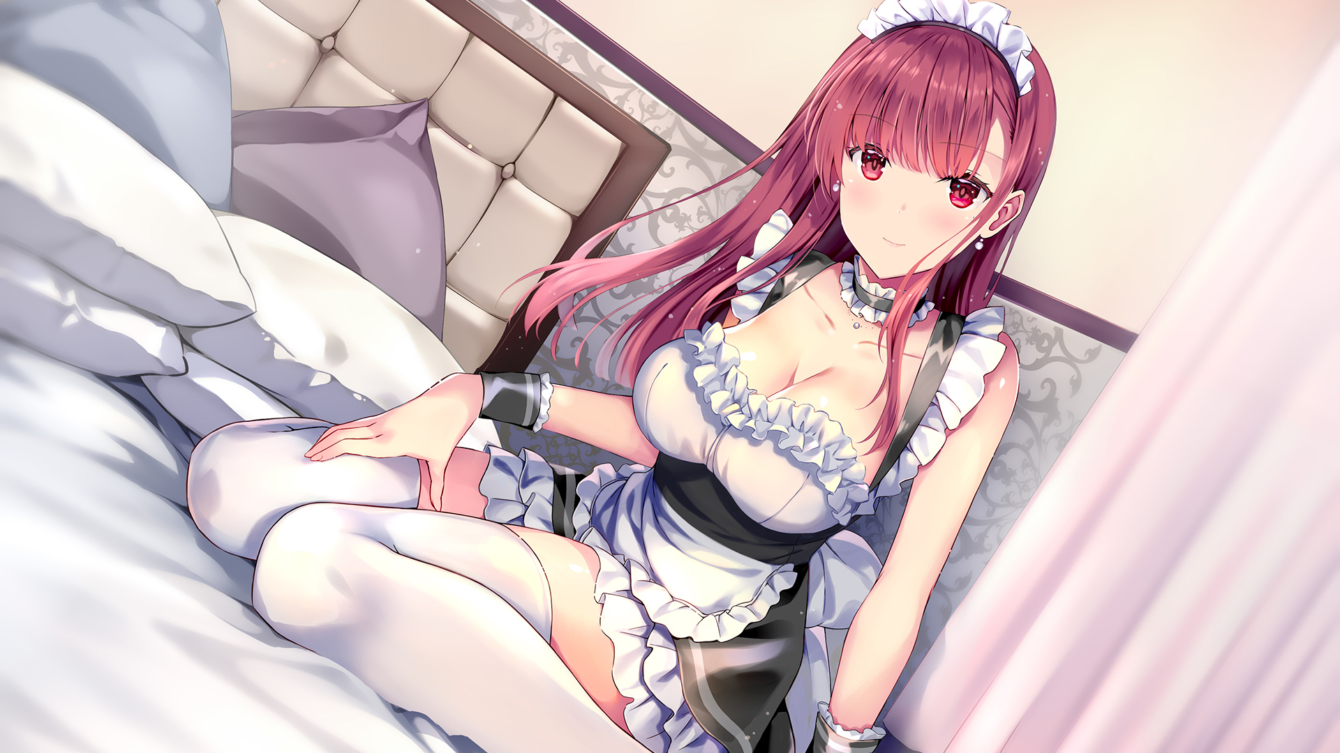 Anime 1920x1080 cleavage maid outfit red eyes redhead headband long hair thigh-highs in bed anime girls R_E_I_