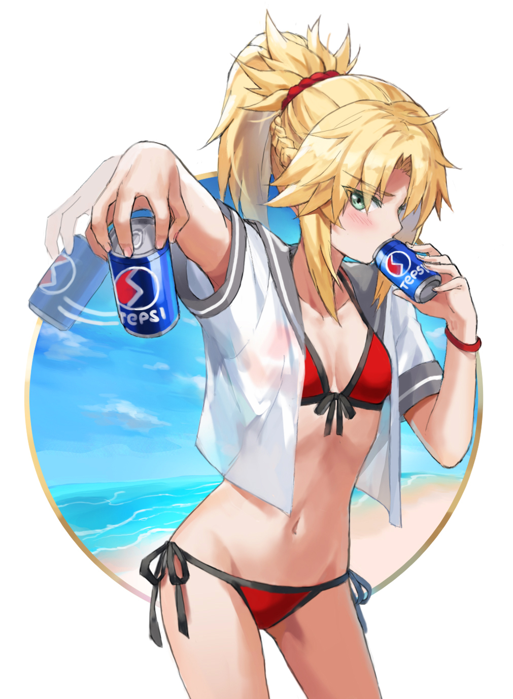 Anime 1011x1377 Fate series Fate/Grand Order Fate/Apocrypha  red bikini Pepsi summer beach white t-shirt long hair ponytail curvy thighs small boobs braids cleavage anime fan art portrait display Mordred (Fate/Apocrypha) the gap looking at viewer green eyes ecchi Tonee belly button 2D belly anime girls embarrassed open shirt bikini blonde