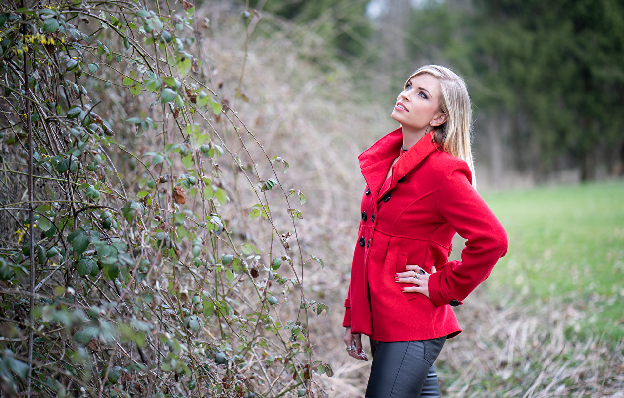 People 1280x817 blonde women model long hair plants looking up women outdoors outdoors leaves standing red jackets leather pants  hands on hips black pants open mouth blue eyes red nails red coat coats young women