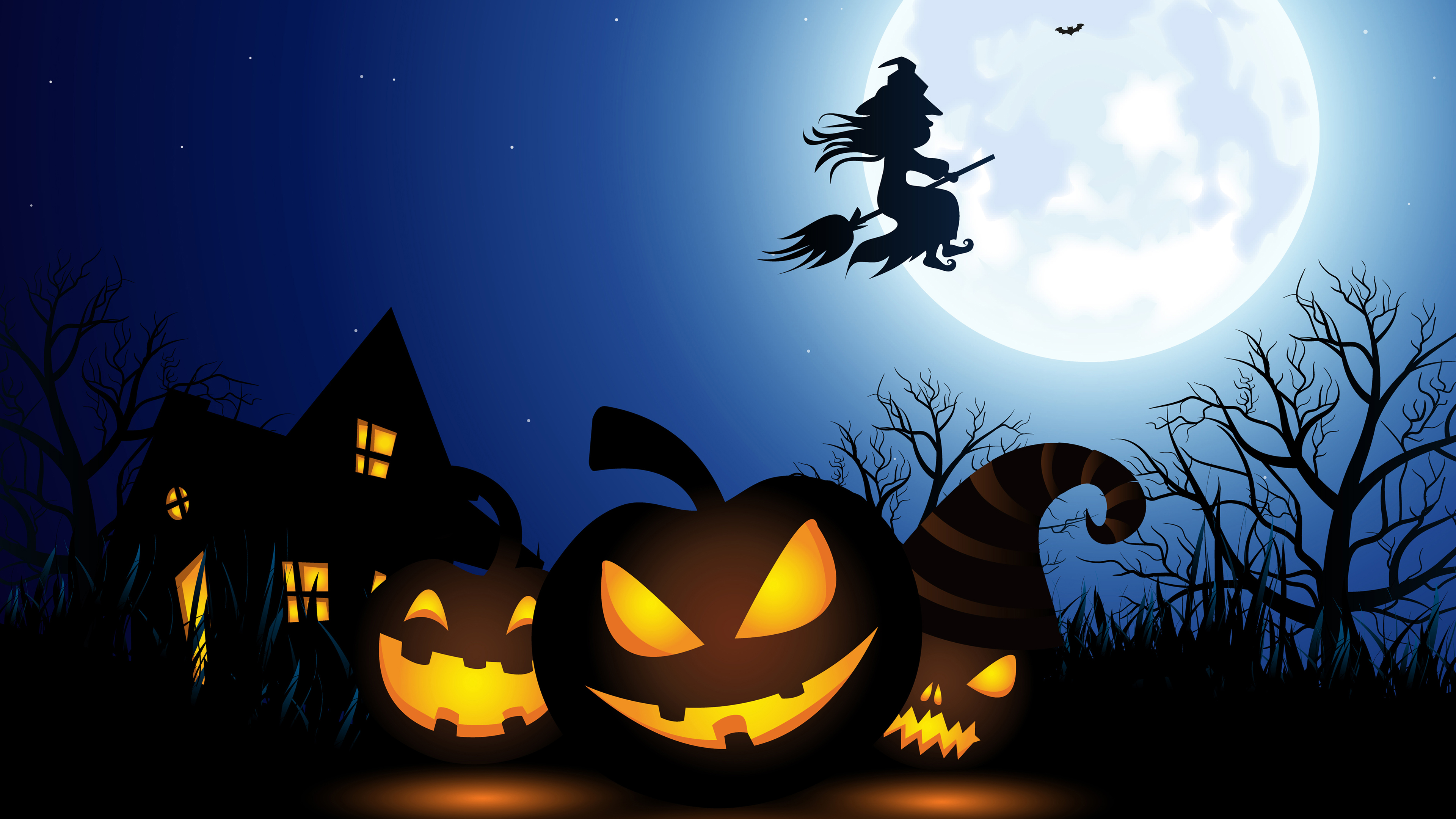 General 3840x2160 Halloween vector digital art Jack O' Lantern witch fantasy art creepy night sky Moon house lights