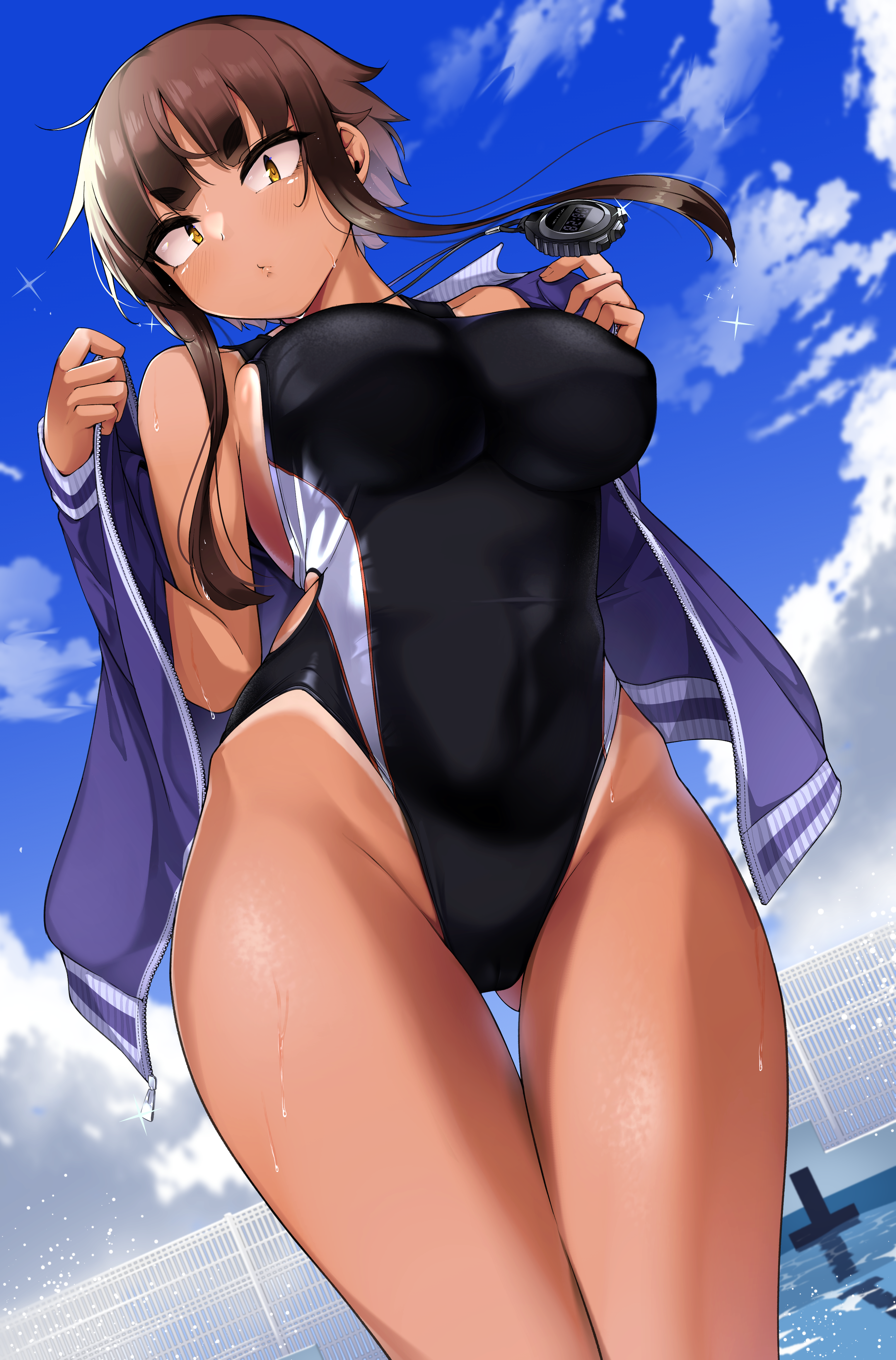 Anime 3059x4644 anime anime girls digital art artwork 2D portrait display tight clothing one-piece swimsuit swimwear tight waist skinny yellow eyes bob hairstyle blunt bangs tanned wet body the gap legs together thighs thigh-highs belly bare shoulders tan lines cameltoe Jovejun dark skin