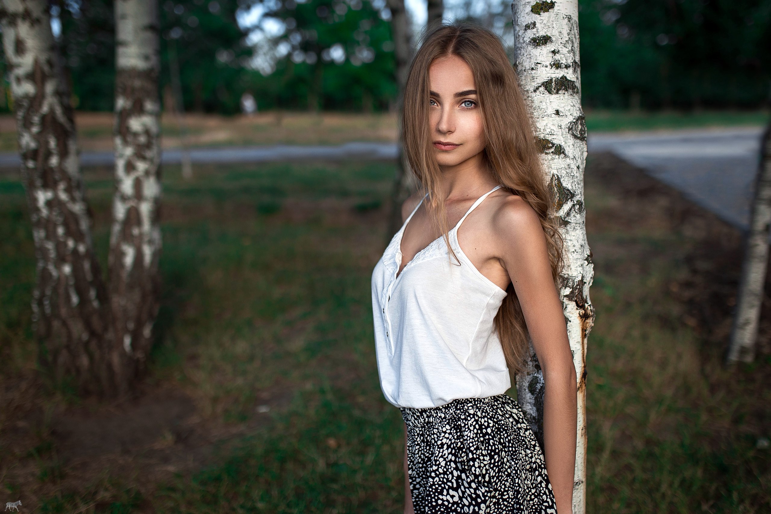 People 2560x1707 women model white tops trees depth of field women outdoors looking at viewer skirt hair in face standing long hair brunette