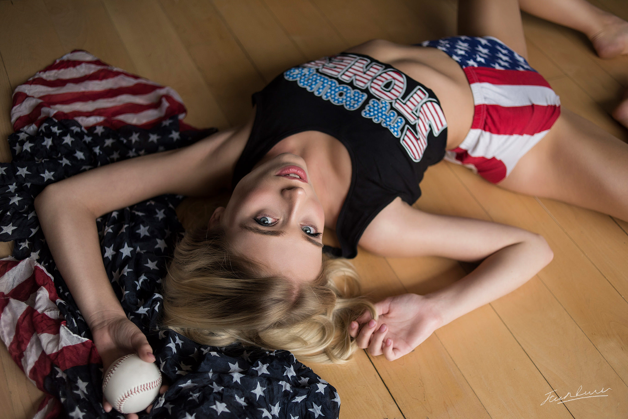 People 2048x1367 women Jack Russell short shorts brunette lying on back on the floor blonde armpits baseball flag Riley Anne gray eyes American flag
