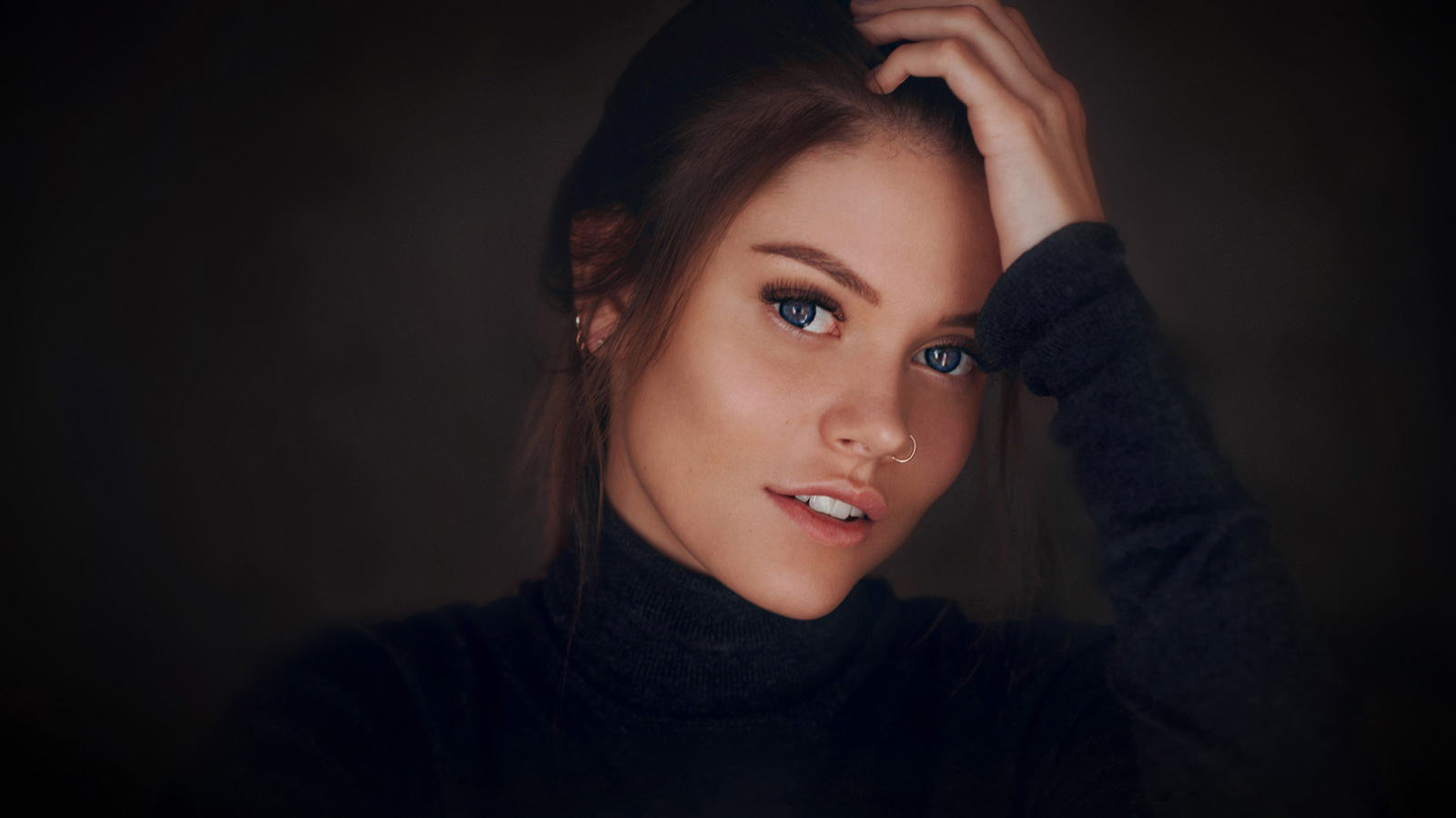 People 1600x900 Alexey Slesarev women model face portrait nose ring brunette turtlenecks