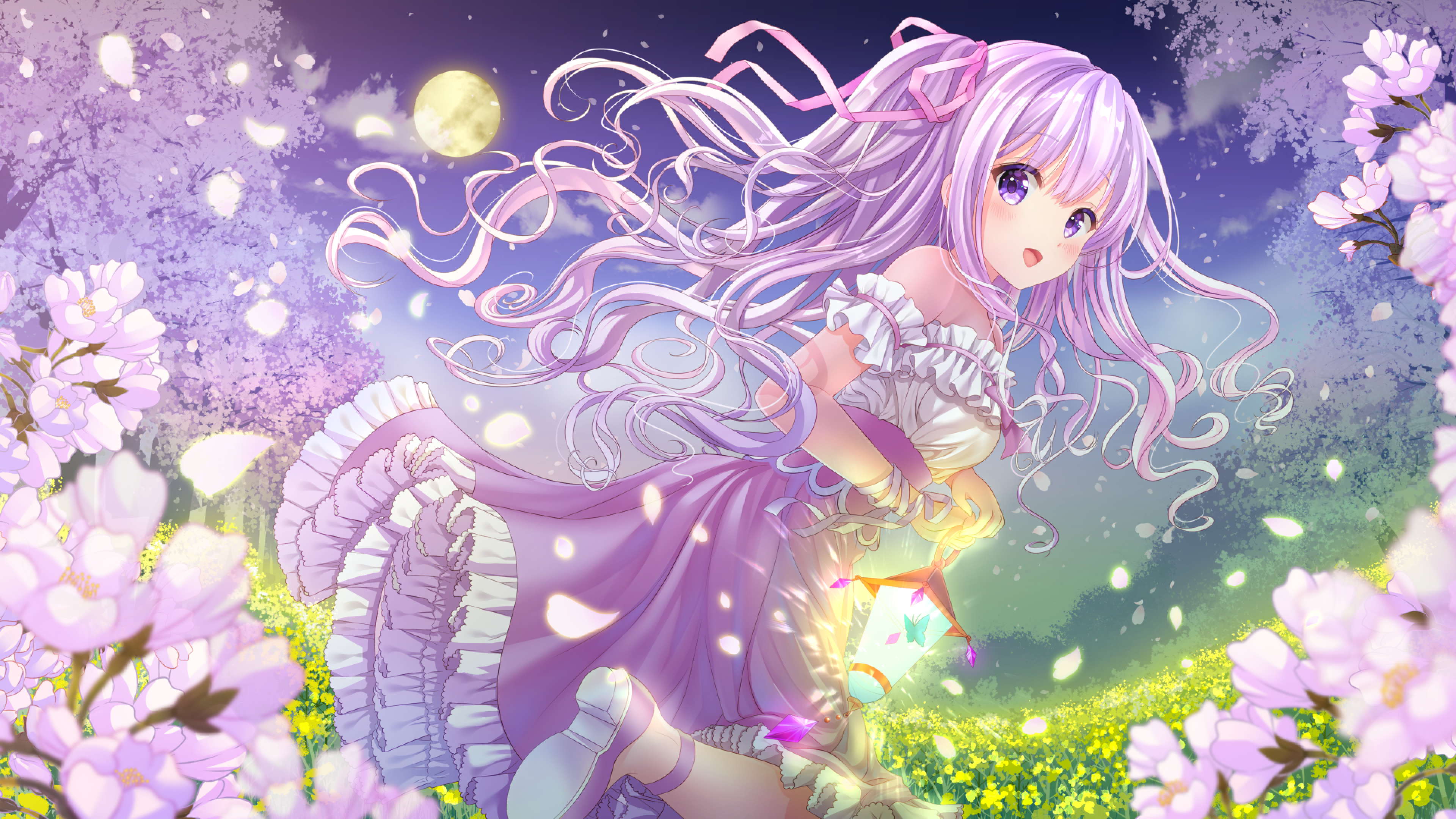 Anime 3840x2160 anime anime girls purple hair flowers purple eyes dress nature long hair ribbon