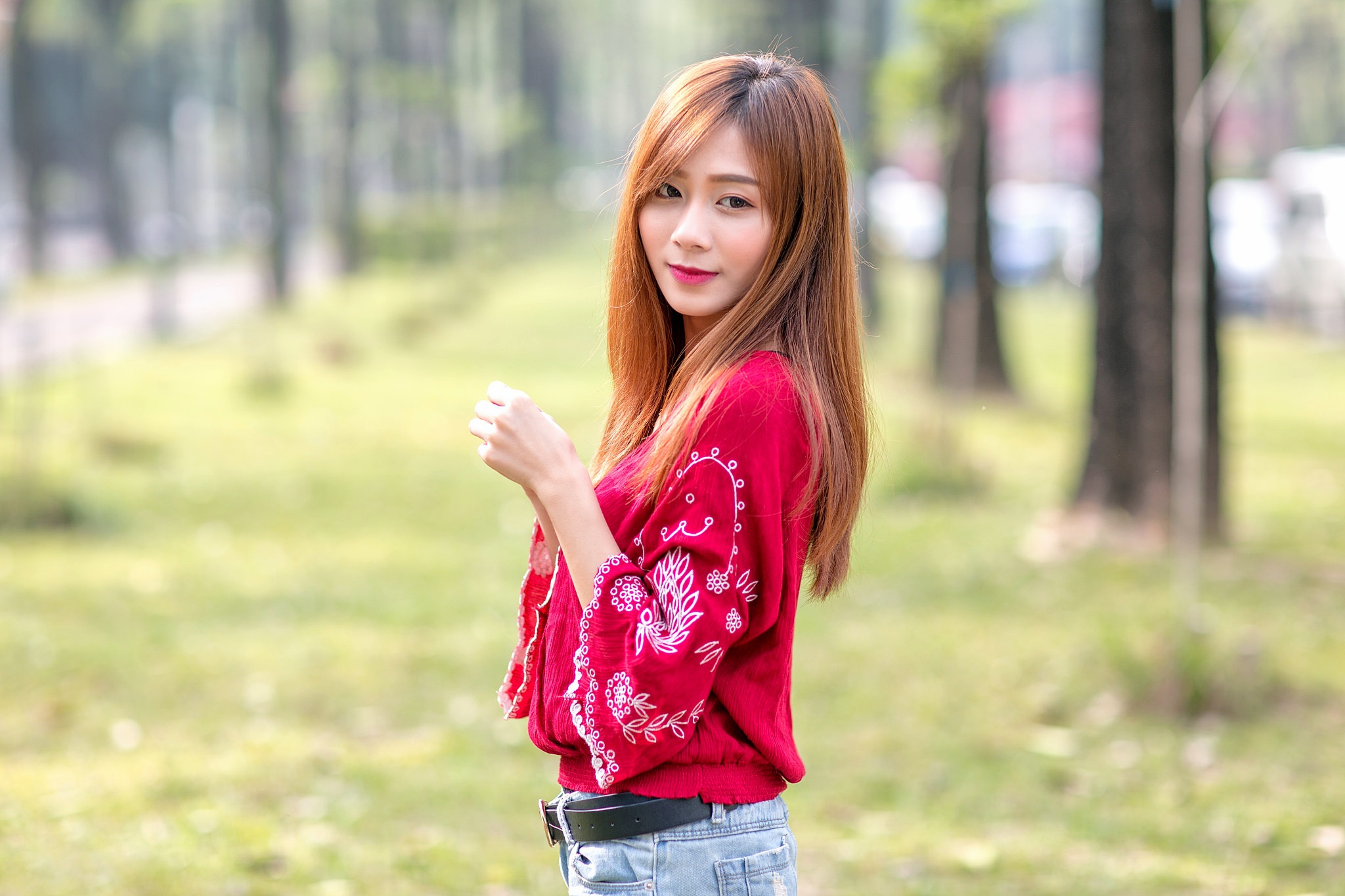People 2048x1365 Asian women long hair brunette jeans red shirt