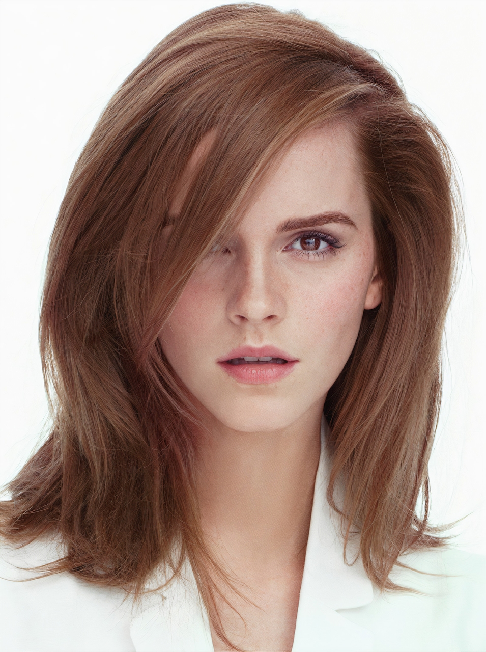 People 955x1280 Emma Watson women actress British brunette young women face simple background long hair hair covering eyes British women hair in face looking at viewer white background studio women indoors