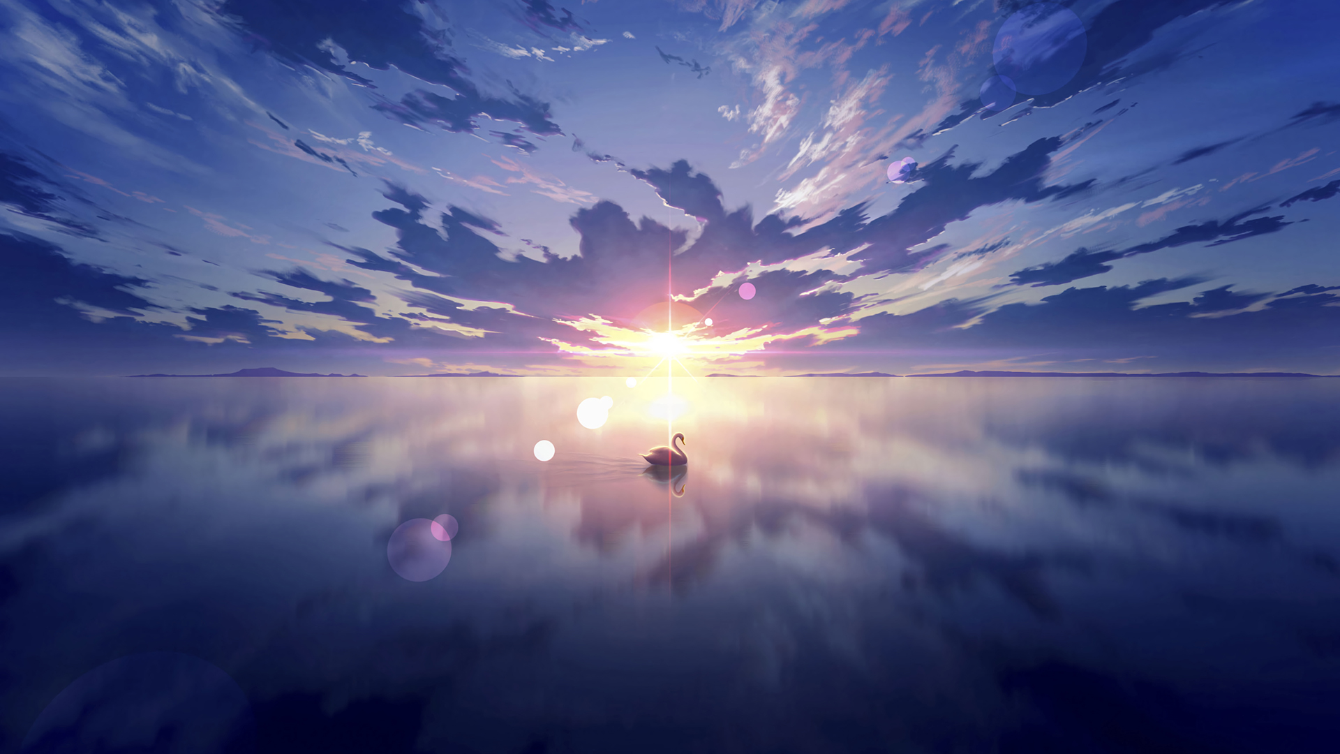 Anime 1920x1080 water clouds sunset swans