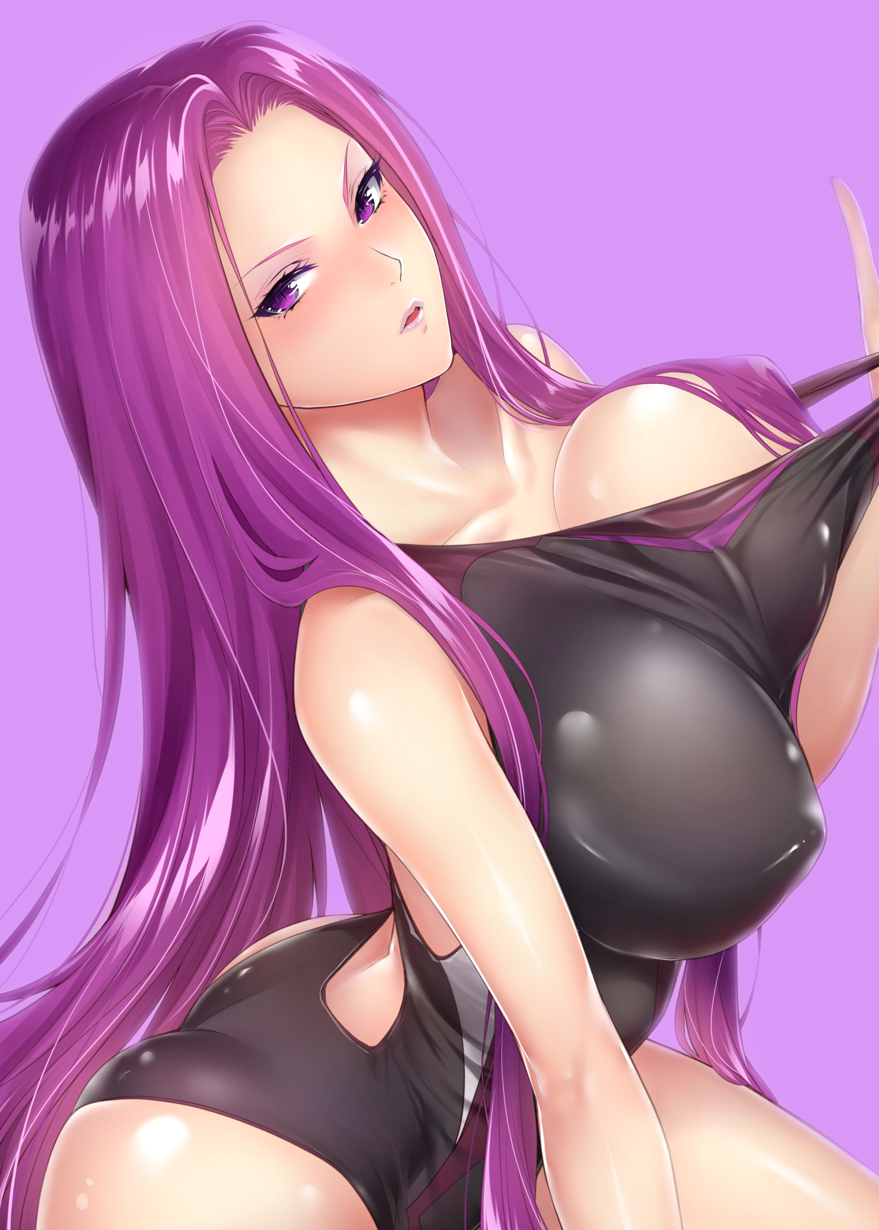 Anime 1787x2500 Fate series Fate/Stay Night fate/stay night: heaven's feel open mouth black swimsuit big boobs long hair anime girls purple hair competition swimsuit cleavage pulling clothing portrait display erotic art  thighs curvy anime Rider (Fate/Stay Night) simple background zucchini one-piece swimsuit purple eyes 2D fan art ecchi