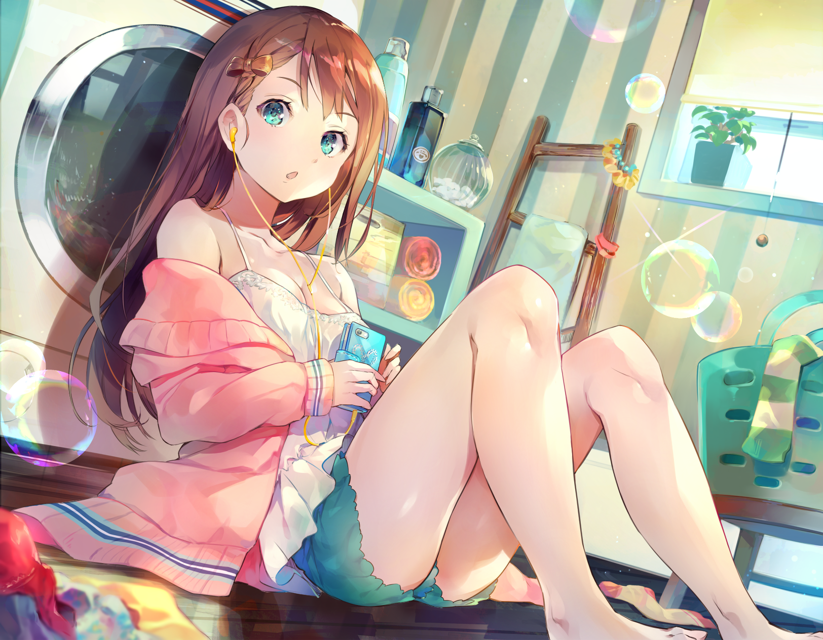 Anime 1624x1264 anime girls original characters brunette long hair hair ornament hair bows bangs blue eyes looking at viewer open mouth earphones cellphone tank top sweater short shorts barefoot sitting bubbles laundry indoors artwork 2D drawing digital art anime