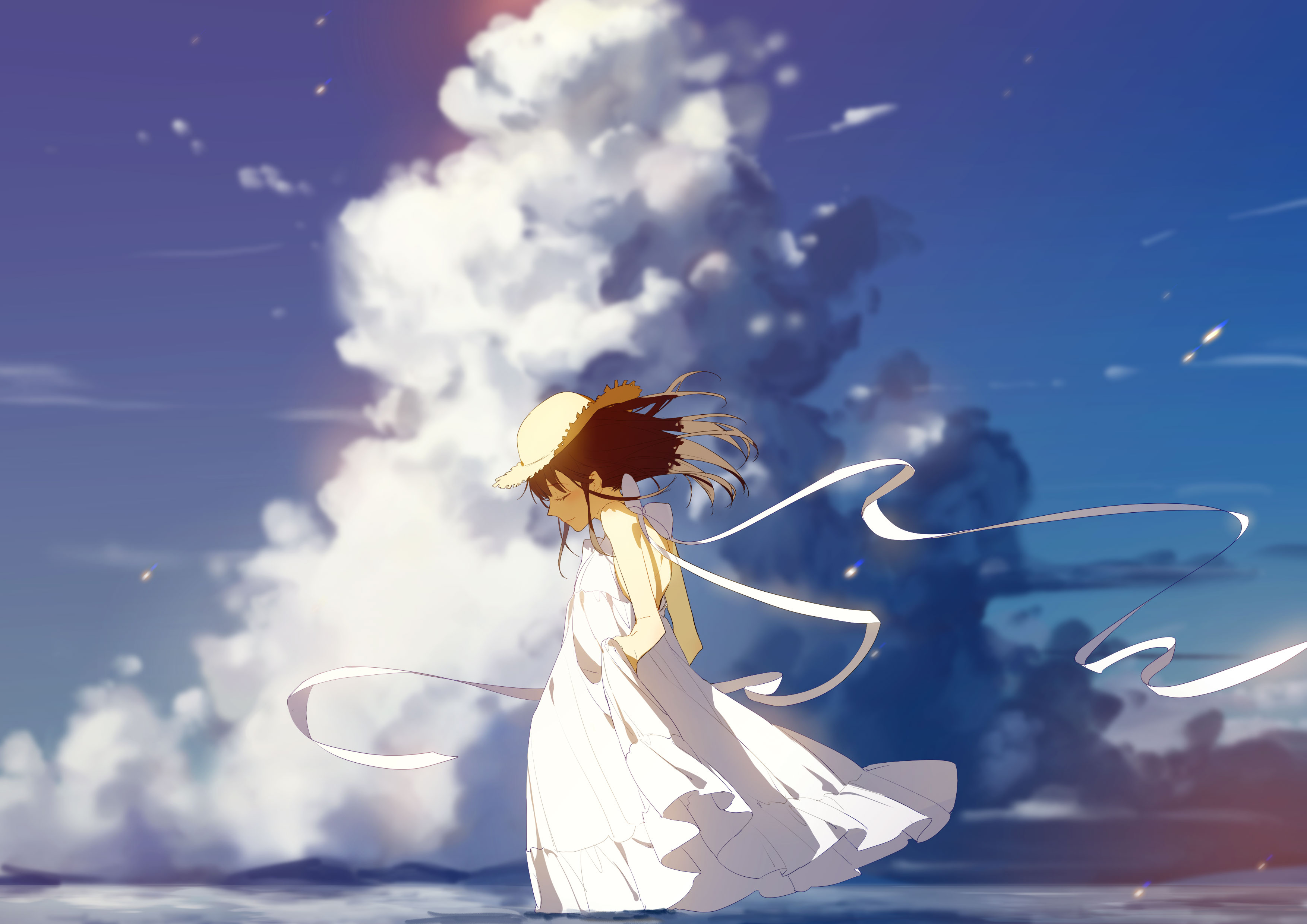 Anime 3507x2480 clouds sky wind dress sun hats ribbon water closed eyes smiling brunette anime girls anime