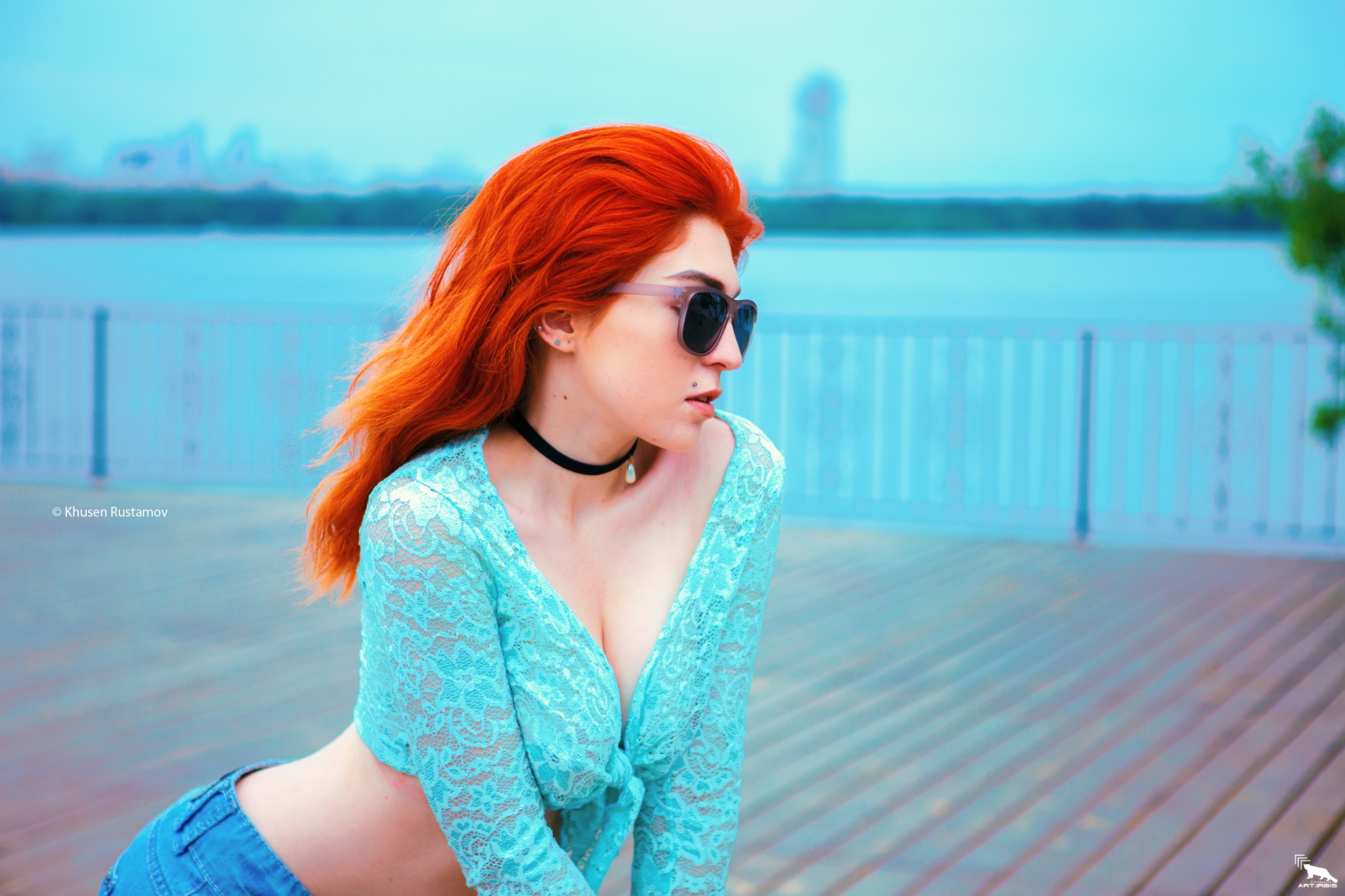 People 2500x1667 Maria Inasaridze women model redhead long hair women with shades sunglasses necklace cleavage tied top see-through clothing no bra belly jean shorts profile depth of field outdoors women outdoors Khusen Rustamov cyan