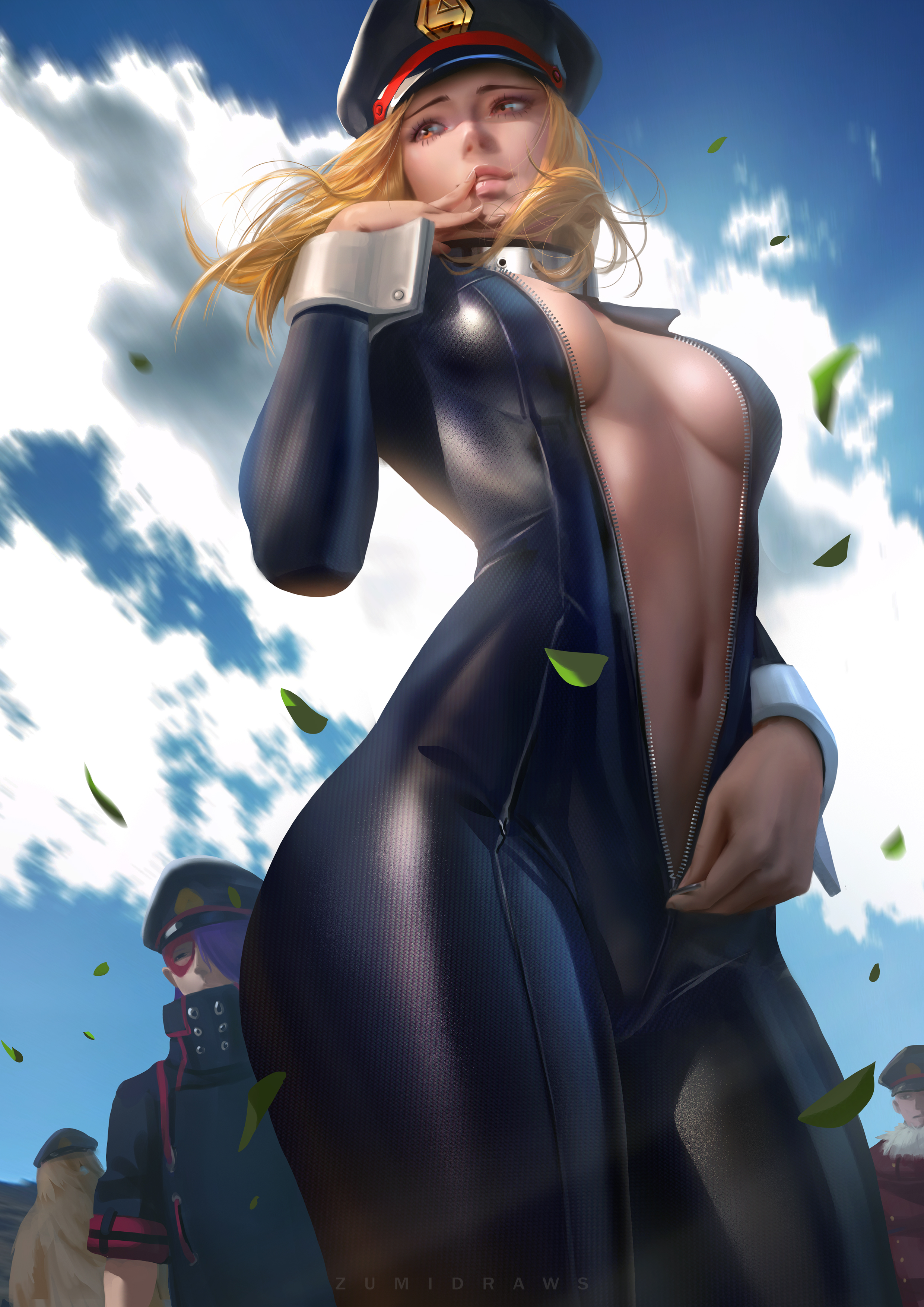 Anime 2481x3508 Utsushimi Camie Boku no Hero Academia anime anime girls blonde belly artwork drawing digital art fan art Zumi ecchi cleavage no bra zipper open clothes low-angle portrait display looking away clouds thick thigh tight clothing bodysuit catsuit berets