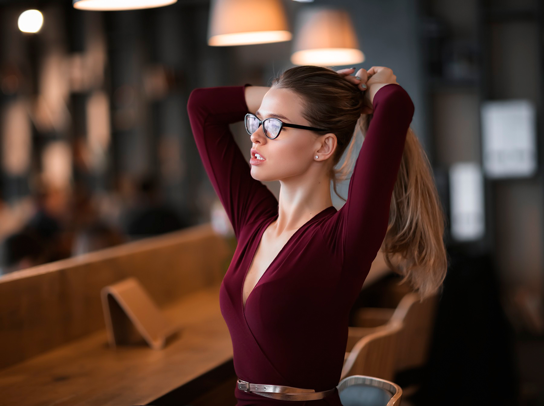 People 1800x1344 women portrait sitting dress lamp looking away cleavage women with glasses belt blonde hands in hair