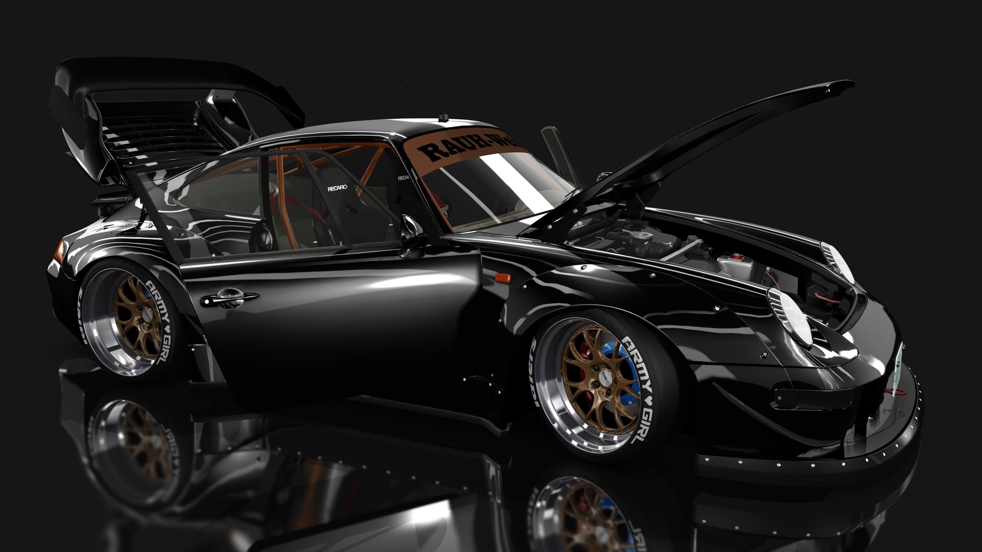 General 1920x1080 Assetto Corsa Porsche 911 racing graphic design car black cars vehicle video games Porsche 993 Porsche open door hood (car) Rollcage