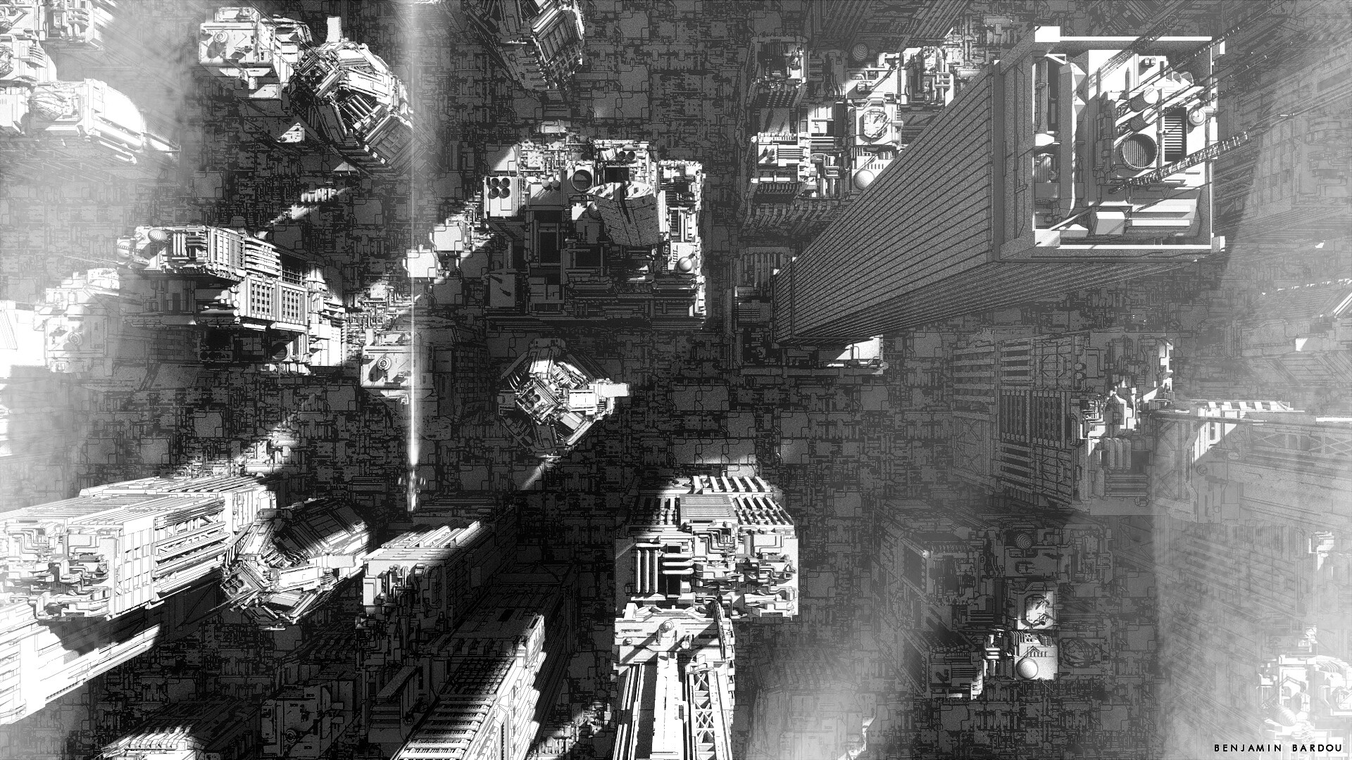 General 1920x1080 artwork aerial view city futuristic monochrome futuristic city gray top view