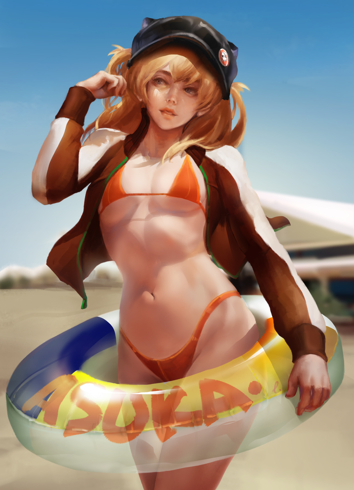 Anime 1218x1688 Neon Genesis Evangelion anime girls small boobs long hair smiling red bikini thighs red jackets black hat beach cleavage 2D redhead belly button blue eyes Asuka Langley Soryu clear sky ecchi portrait display fan art anime floater open jacket belly