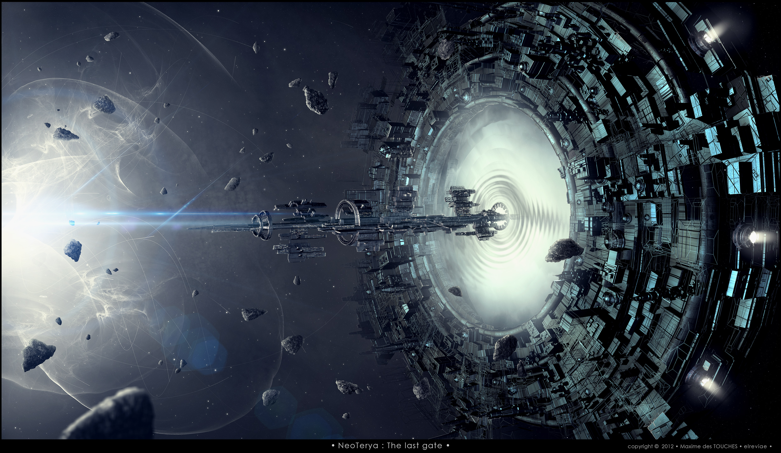General 2482x1440 science fiction gates space debris rocks spaceship portal bright Elreviae space art digital art 2012 (Year)