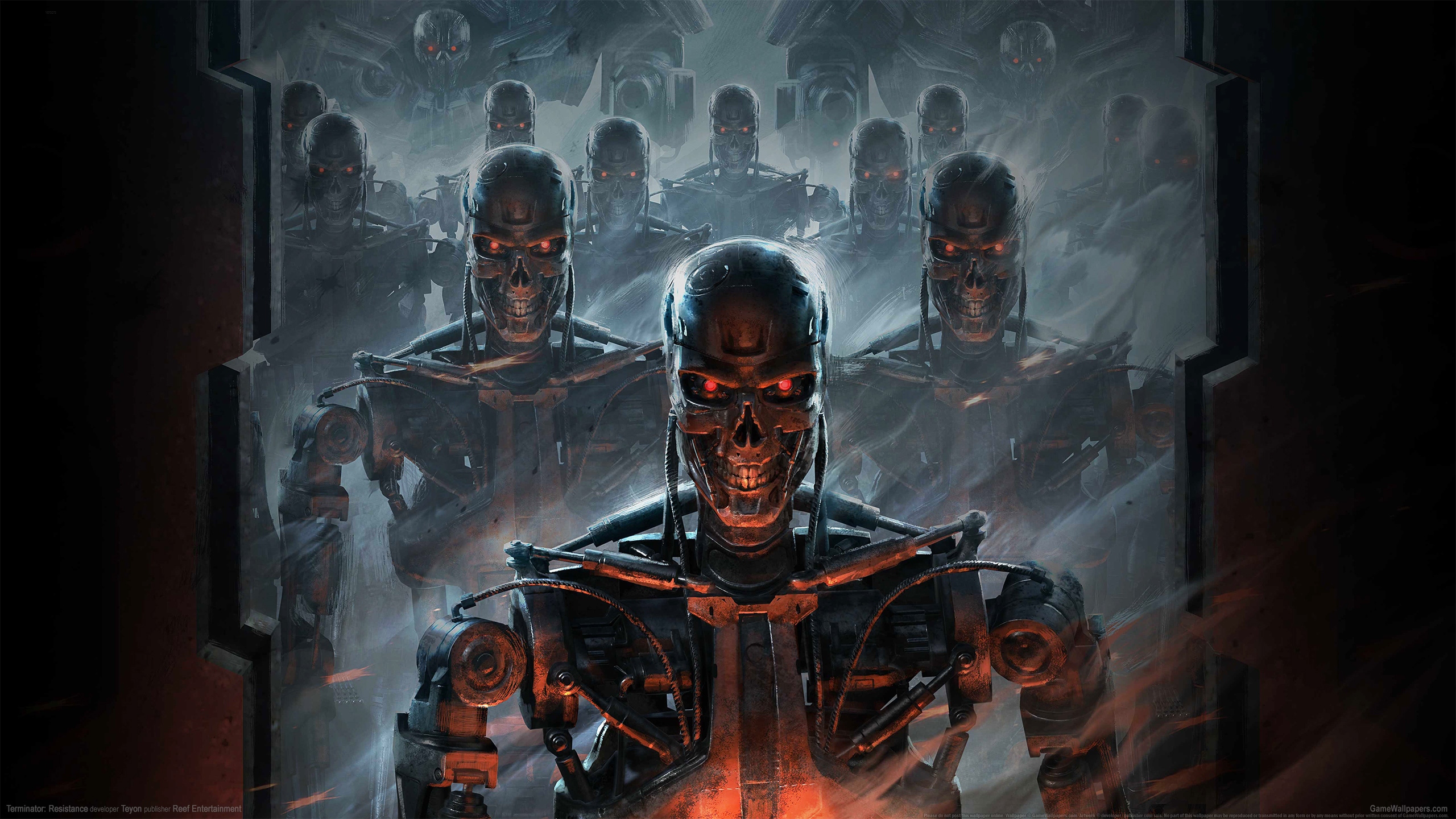 General 2560x1440 Terminator skeleton endoskeleton science fiction red orange door Terminator: Resistance frontal view video games red eyes cyborg machine movie characters